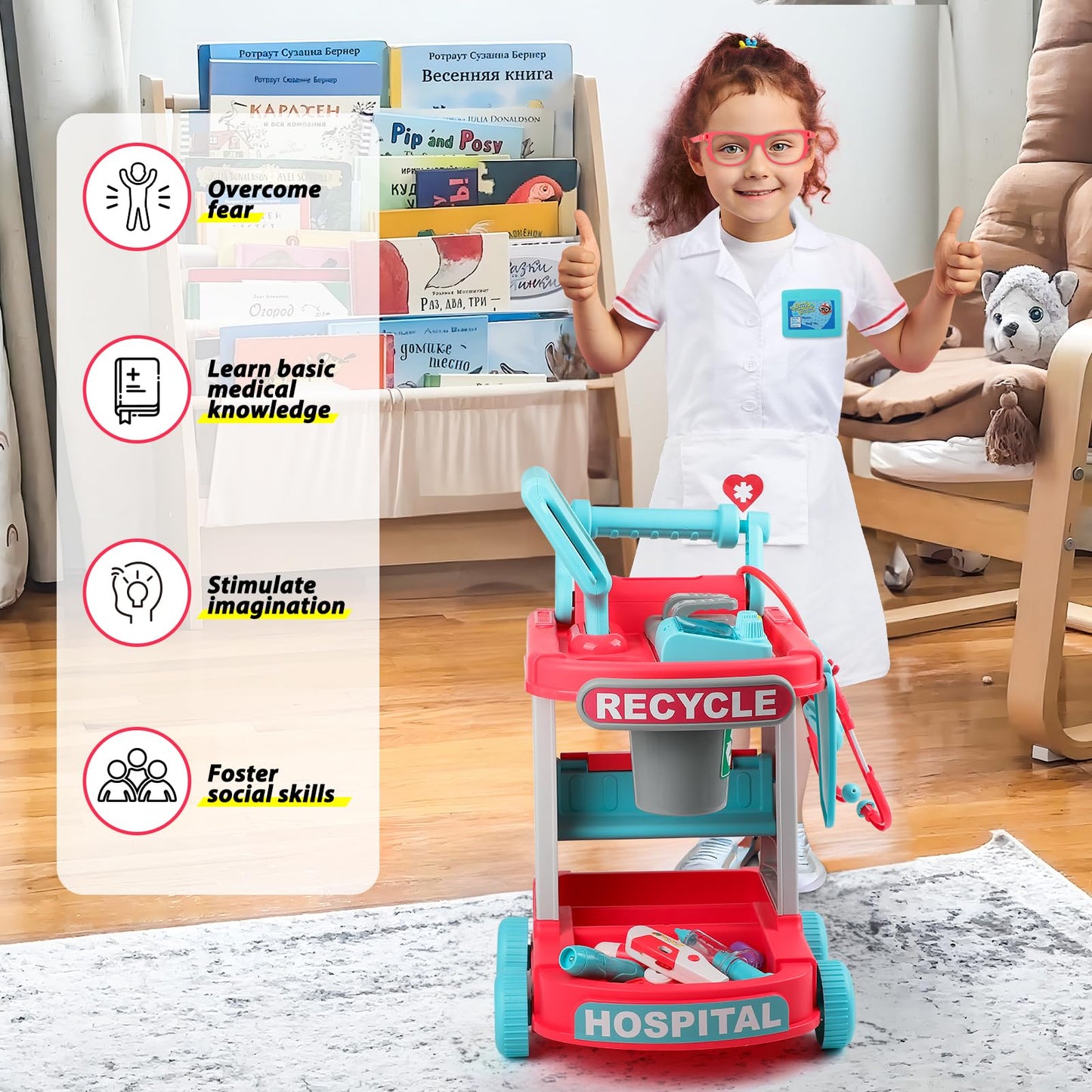 Liberry Doctor Kit for Toddlers Ages 2 3 4 5, Pretend Kids Doctor Playset with Cart, Costume and Stethoscope, Role Play Medical Toys Birthday Gift for Girls Boys (Red)