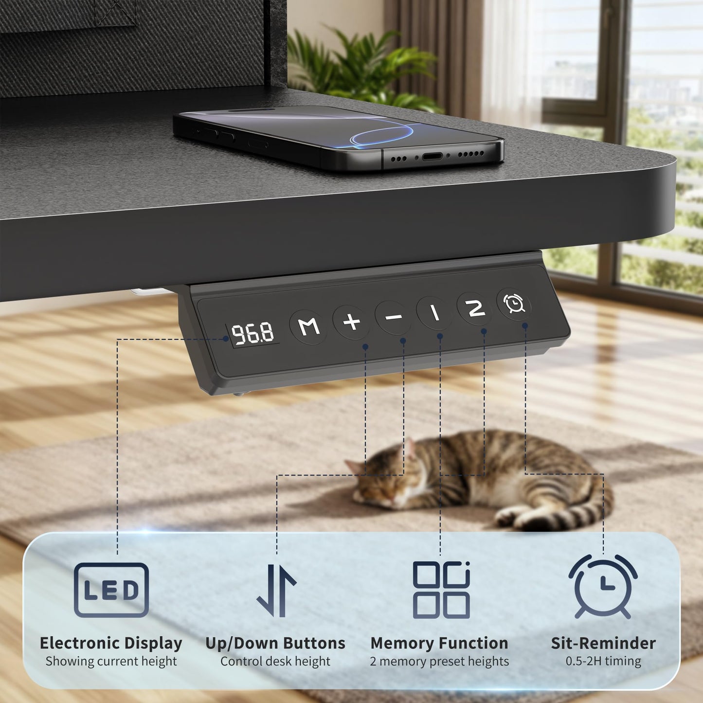 YESHOMY 63" x 23" Electric Standing Desk with 2 Drawers, Height Adjustable Computer Desk, Low Noise Home Office Stand Up Desk with 2 Preset Heights & 2 Hooks, Black