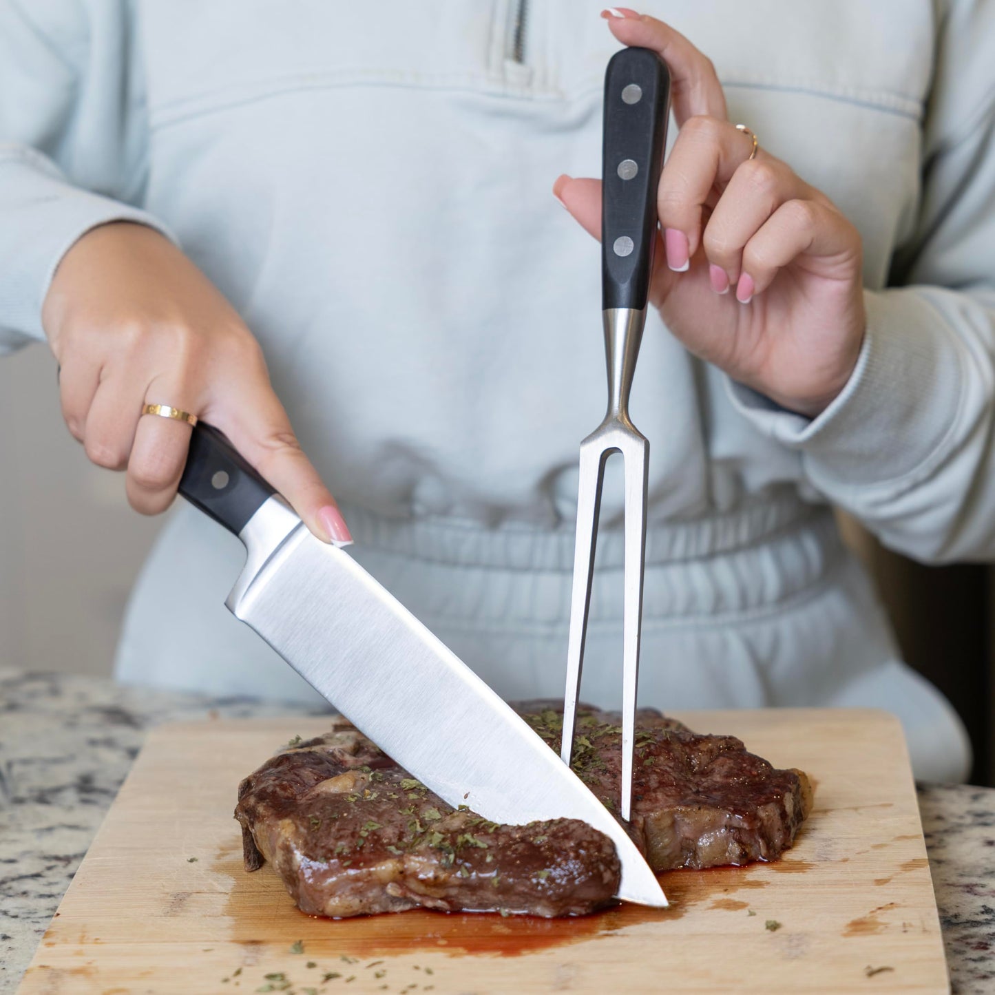 Ironwood Gourmet Kansas City Carving Board and Chef's Carving Knife and Dual Pronged Meat Fork Set