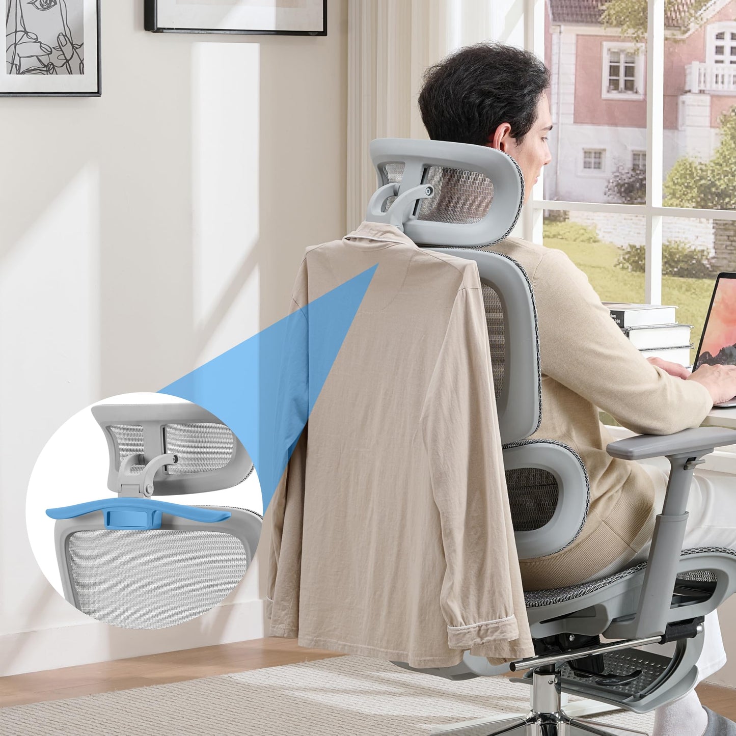 hujusko Mesh Ergonomic Office Chair with Footrest,High Back Mesh Gaming Chair with Lumbar Support,Adjustable Headrest and Armrests for Home Office Desk Chair (Modern, Grey)