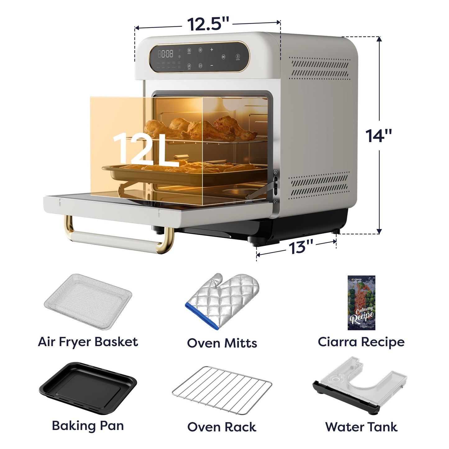 CIARRA 8-in-1 Air Fryer Steam Oven Countertop, 13QT Mini Toaster Oven with Steam, Rapid Steam, Air Fry, Vapor Bake, Steam Clean, Bake, Dried, Ferment, White