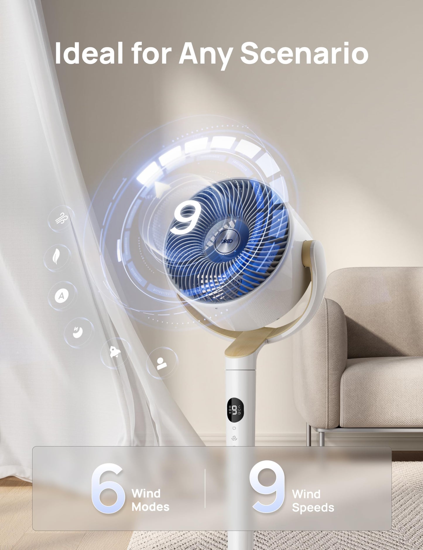 Dreo Smart Fan for Bedroom, 120° +120° Omni-Directional Oscillating Fans, 100ft Quiet Pedestal Fan with RGB Light, 9 Speeds, 6 Modes, 20dB, 8H Timer, Wi-Fi/Voice/Alexa, 37-42" Floor Fans with Remote