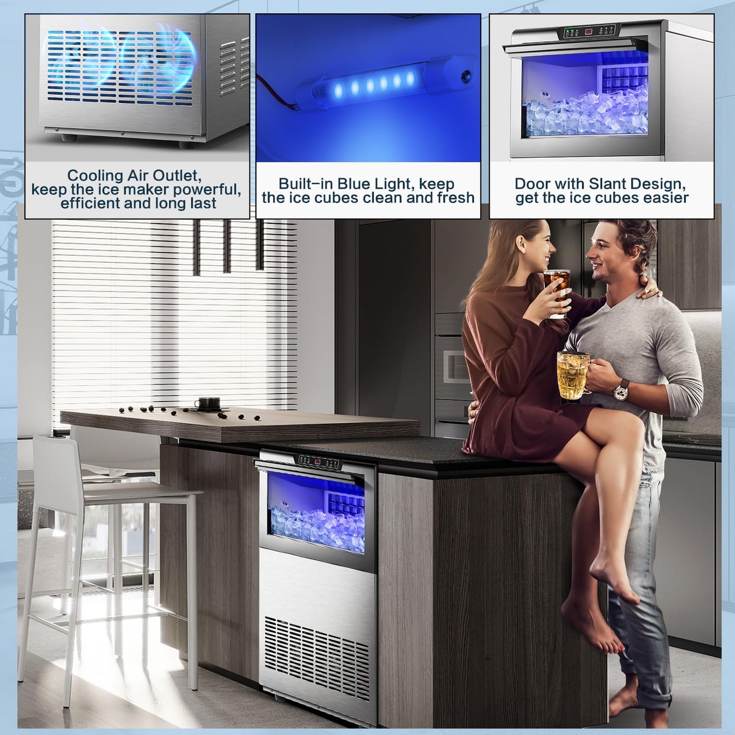 Amzgachfktch Commercial Ice Maker, 150lbs/24H Ice Maker Machine with 50lbs Ice Storage, Self-Cleaning, LED Digital Display, Blue Light, Under Counter/Freestanding Ice Machine for Home Bar Restaurant