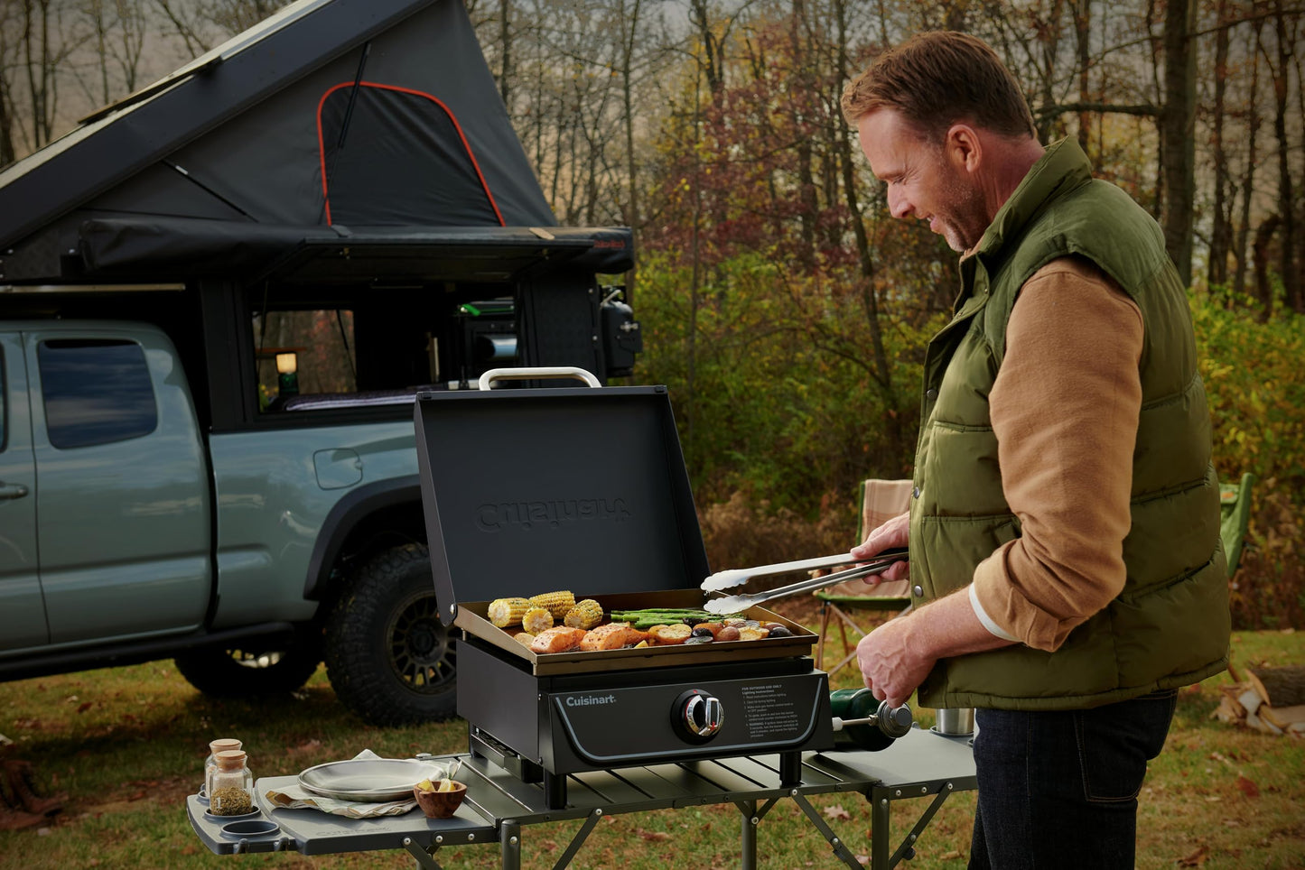 Cuisinart 17” Tabletop Gas Griddle with Hood, Easy Assembly Compact Outdoor Flat-Top Grill with Grease Cup, 255 Sq. In Cooking Space Perfect for Camping, Tailgates and BBQs