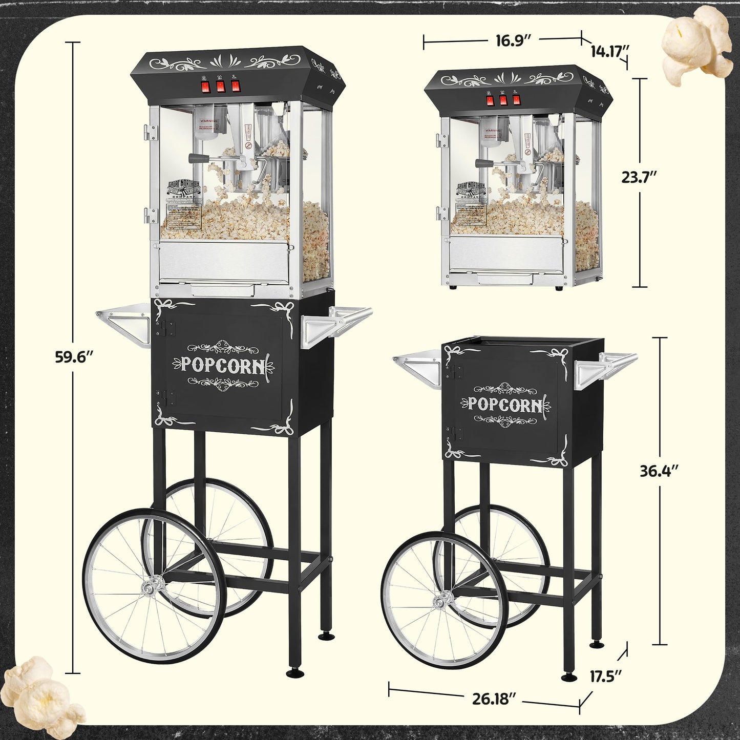 Great Northern Popcorn Foundation Popcorn Machine with Cart - 8oz Popper with Stainless-Steel Kettle, Warming Light, and Accessories, Black
