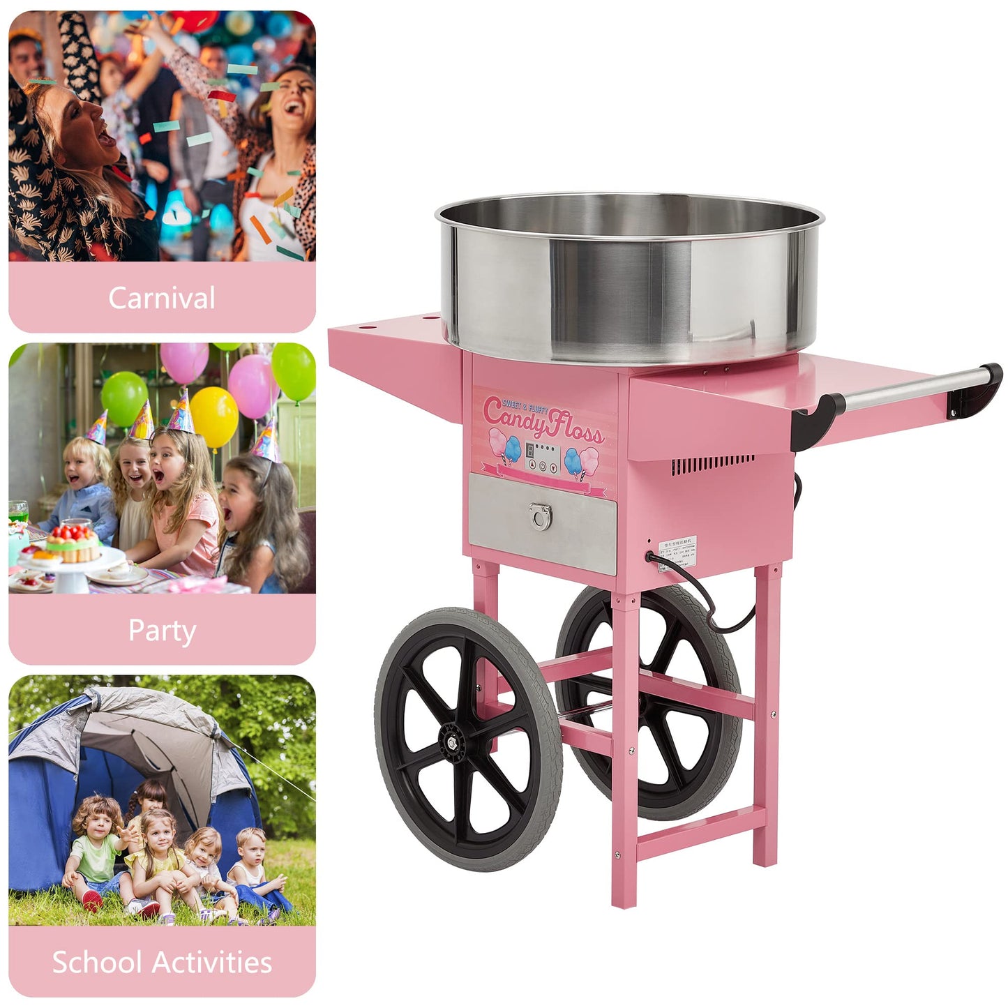 Garvee Extra Large Cotton Candy Cart - Commercial Cotton Candy Machine,Electric Cotton Candy Floss Maker with Drawer, 20 in Stainless Steel Bowl Perfect for Commercial Use Home Party Carnival