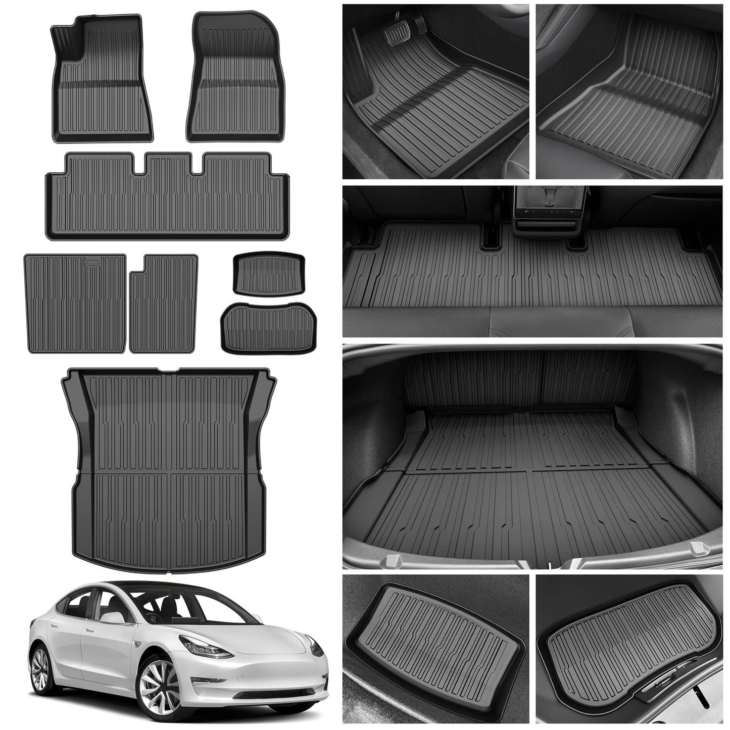 Powerty Floor Mats for 2024 2025 2026 Tesla Model 3 Highland 8 PCS Floor Cargo Liners Full Set All Weather TPE 3D 2 Row Liner Front Rear Storage Mat and Rear Seat Back Mats