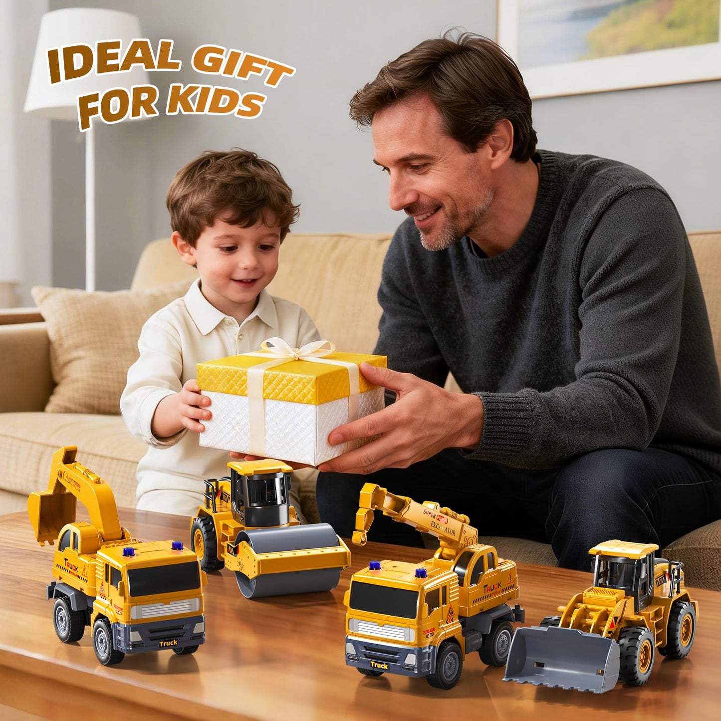 KukuFun 4-Pack Truck Toys for Boys 3-5 Year Old，Construction Sandbox Toy Set with Excavator，Indoor/Outdoor Sand Toys for Kids Toddlers Girls Age 3-8，Birthday Gifts