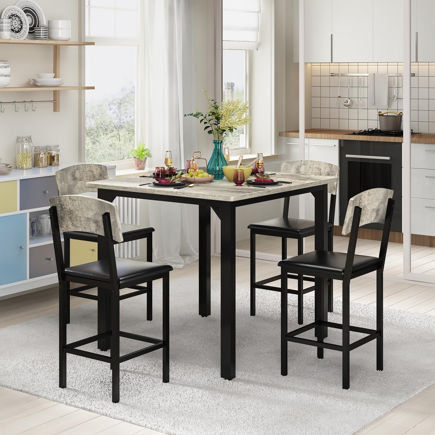 AWQM 5-Piece Dining Table Set, Dining Table Set for 4, Counter Height Table & 4 Bar Stools, Modern Kitchen Dining Set, with Upholstered Chairs, Compact Dining Set for Small Spaces, Gray