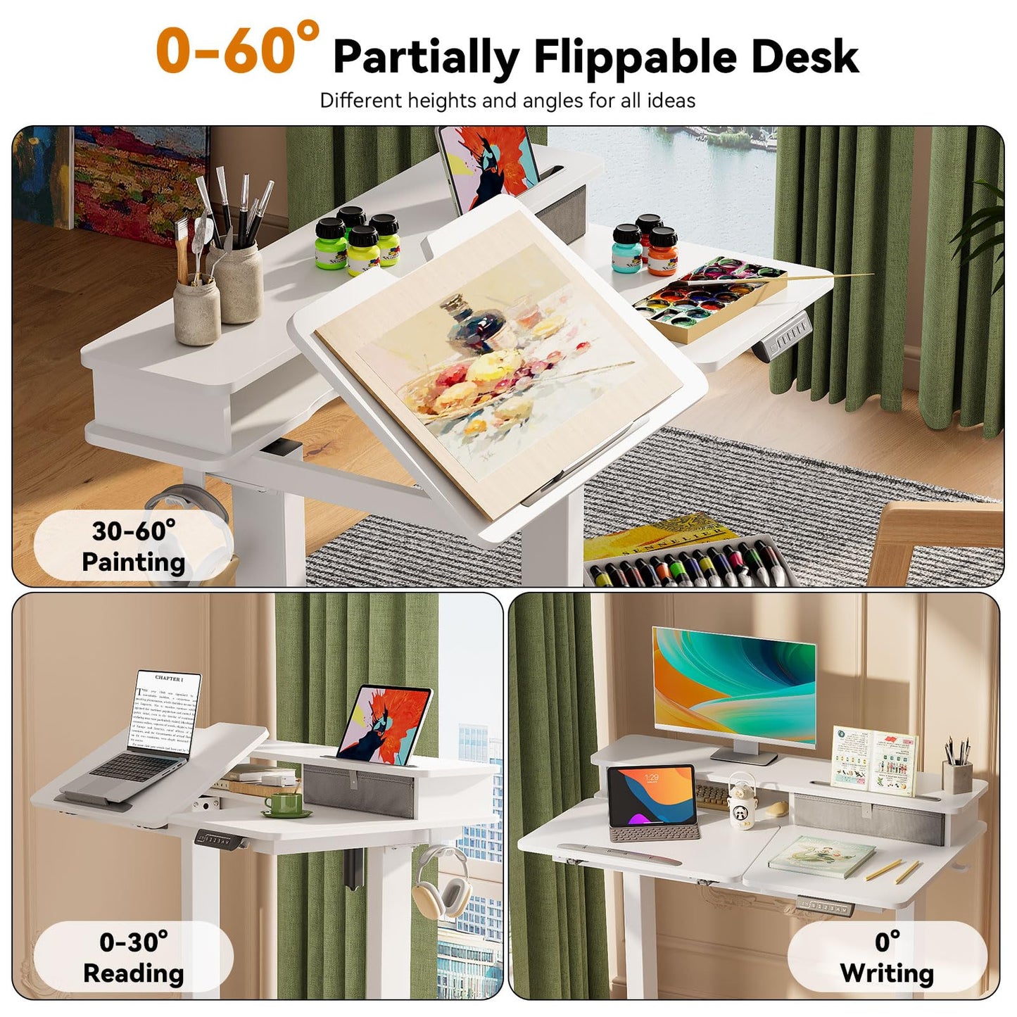 White Standing Desk，60° Tiltable Height Adjustable Electric Rising Desk，40Inch Foldable Mobile Laptop Table with Shelf,Monitor Stand, Drawer ,Flippable Drafting Workstation on Wheels for Kids’ Drawing