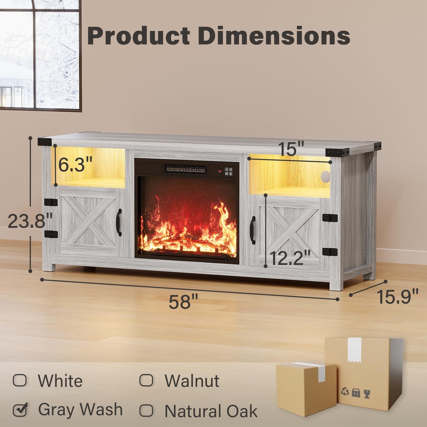 YESHOMY LED Fireplace TV Stand with Mood Lighting, TV Cabinet with Open Shelf, Farmhouse Media Console with Hidden Cable Routing, Entertainment Center for Televisions up to 65+ Inch, Gray Wash