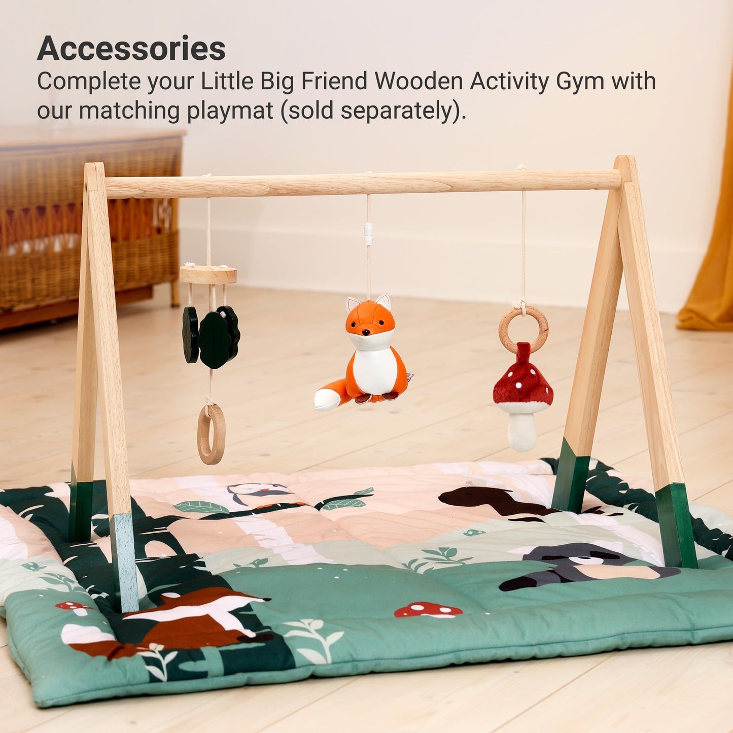 Little Big Friends Wooden Baby Activity Gym – Montessori Play Gym for Babies | Encourages Motor Skills & Sensory Development | Includes Crinkle Fabrics, Wooden Chimes & Hanging Toys – Forest