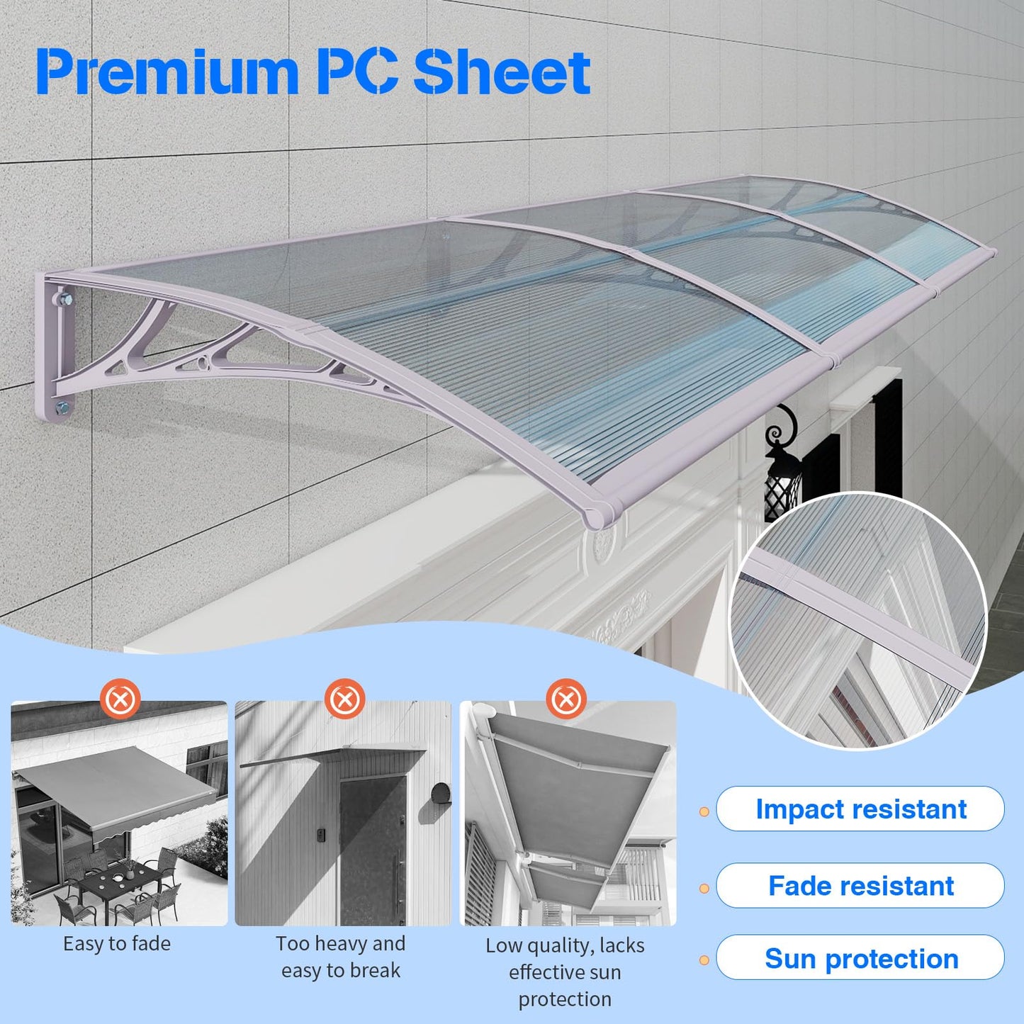 Awning for Door Entrance,32X120 Inches Awnings for Doors,Window Awning Canopy Exterior with Plastic Steel Bracket,Polycarbonate Cover,UV,Rain,Snow Protection for Porch,Patio,Deck