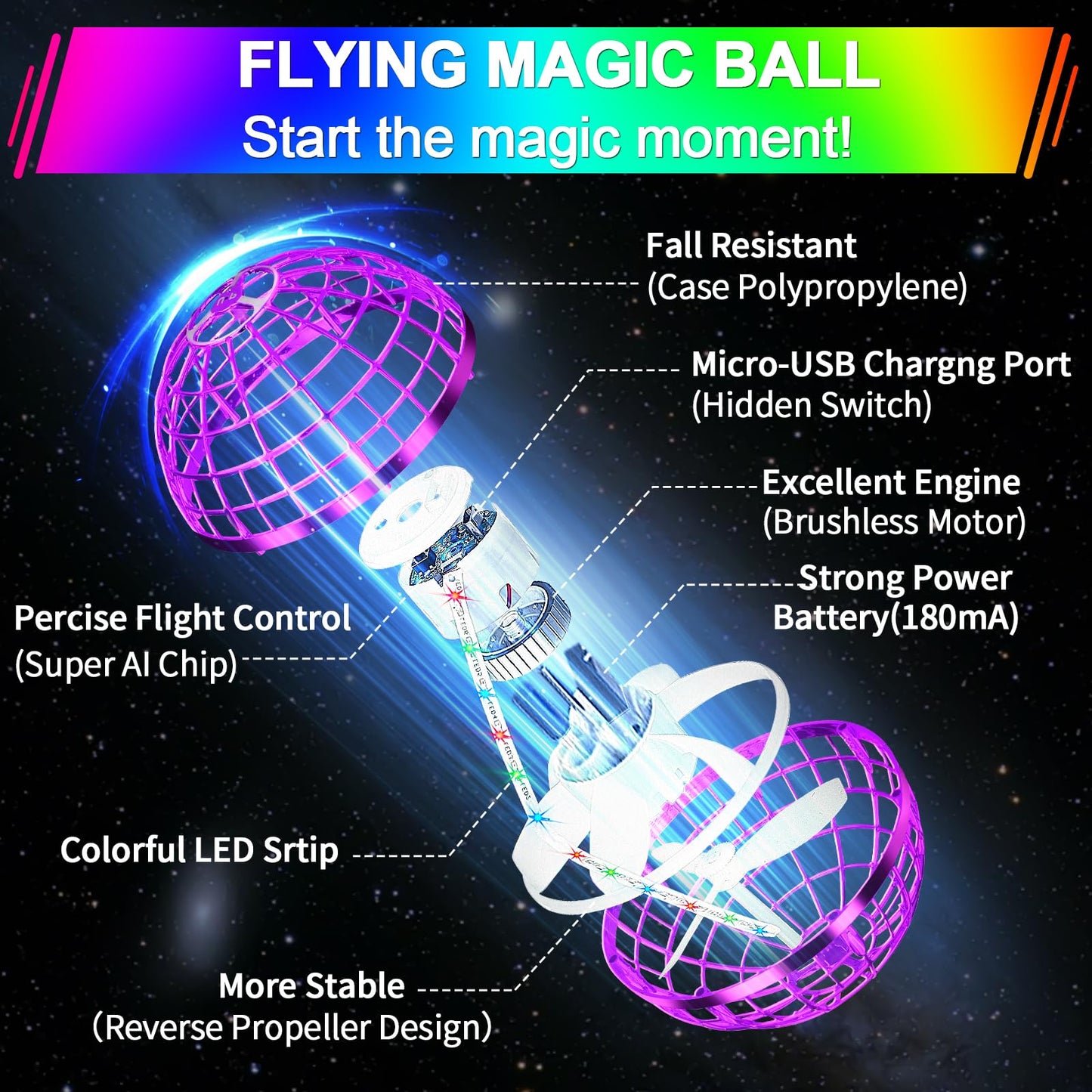 Vantexi Flying Orb Ball Toy,2025 Upgraded Parachute LED,Magic Hand Controlled Flying Gravity Ball,Cosmic Globe Boomerang,Cool Christmas Birthday Gift for 6 7 8 9 10+ Year Old Boys Girls-Red & Purple