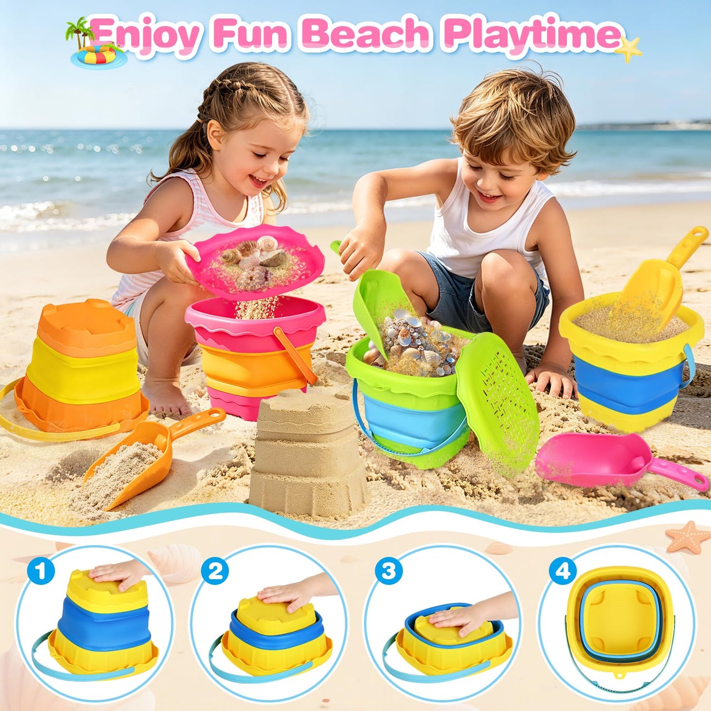 SpringFlower Beach Toys for Kids,Sand Toys for Toddlers with Collapsible Beach Buckets & Shovels Set,Travel Sandbox Toys for Toddlers Gifts Boys Girls Summer Outdoor Toys