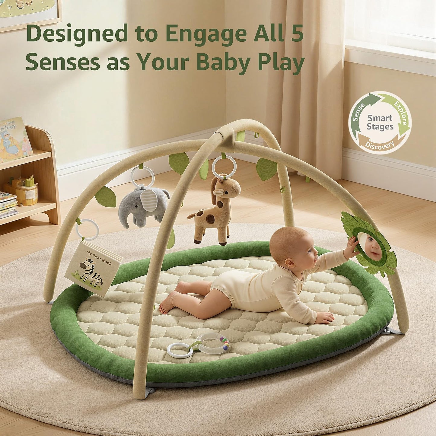 TinyThrive Baby Play Gym & Activity Mat, Baby Play Mat with 5 Detachable Toys, Promotes Motor Skills & Sensory Development, Tummy Time Mat for Baby to Toddler, Baby Essentials Shower Gift, Green