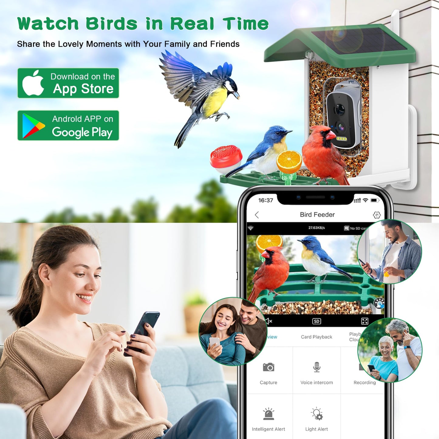 Bird Feeder with Camera,Smart AI Feeder with Solar-Powered Camera – Auto Identifier, Live View, Instant Visit Alerts, HD Video Capture for Bird Watching Enthusiasts (Weatherproof) 2.4GHz WiFi- Green
