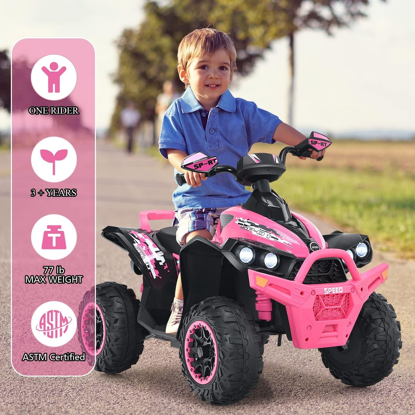 INFANS Kids Ride on ATV, 12V 4 Wheeler Quad Toy Vehicle with Music, Horn, High Low Speeds, LED Lights, Electric Ride On Toy, Battery Powered Wheels Car for Kids 3-8 Years Old (Pink)
