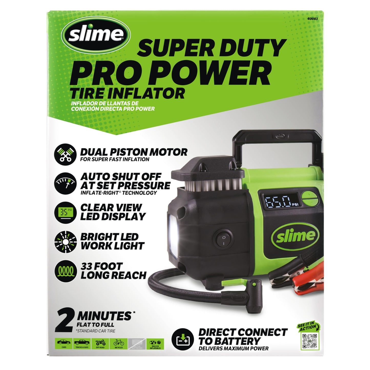 Slime 40083 Tire Inflator, Super Duty Pro Power, Battery Connection, Dual Piston, with Digital 0-99 psi Gauge, Long Hose and LED Light, Alligator Clips, 2 min Inflation
