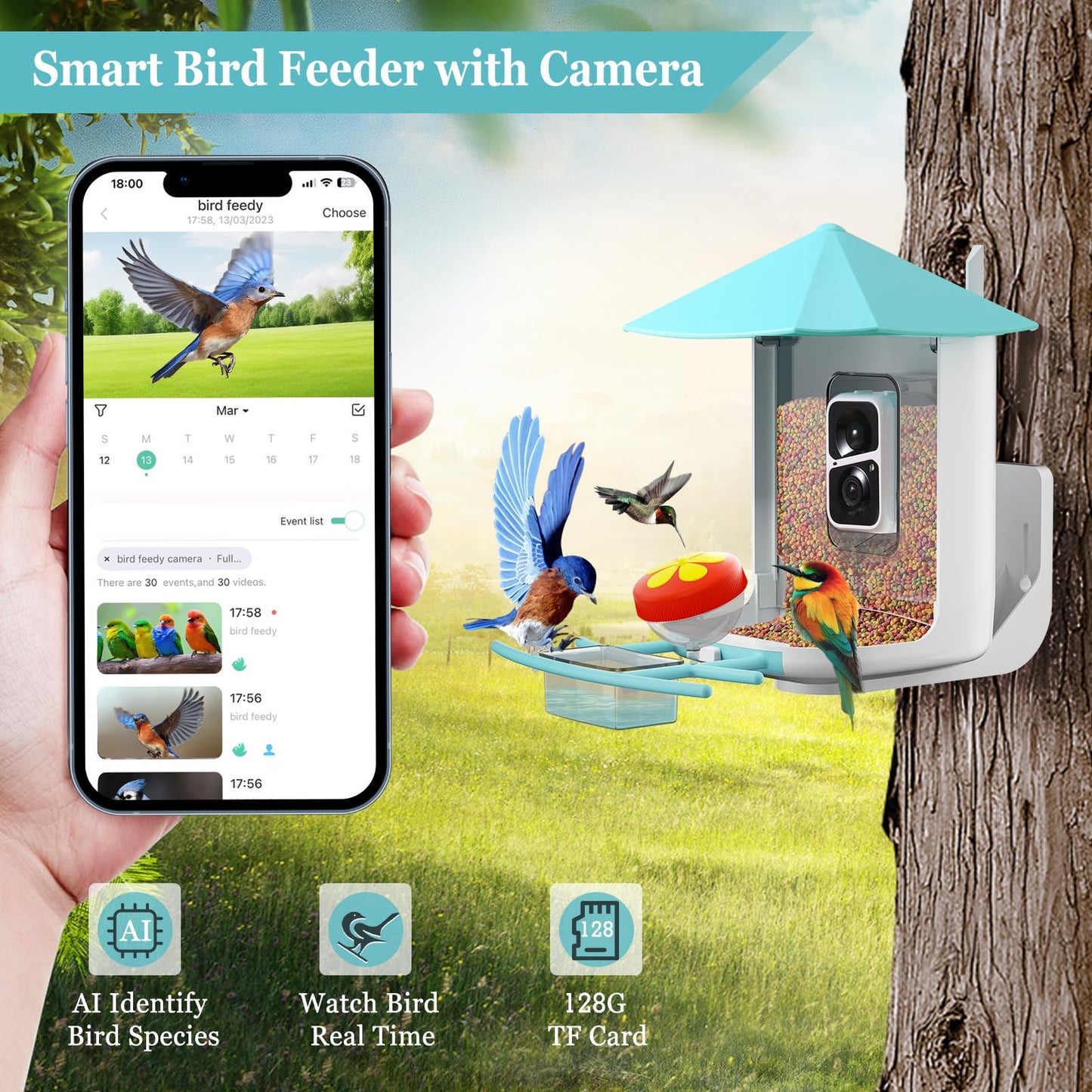 oCuZen Smart Bird Feeder Camera, Outdoor Bird Watching Camera, Auto Capture Bird & Motion Detection, Gift for Bird Lover, Blue