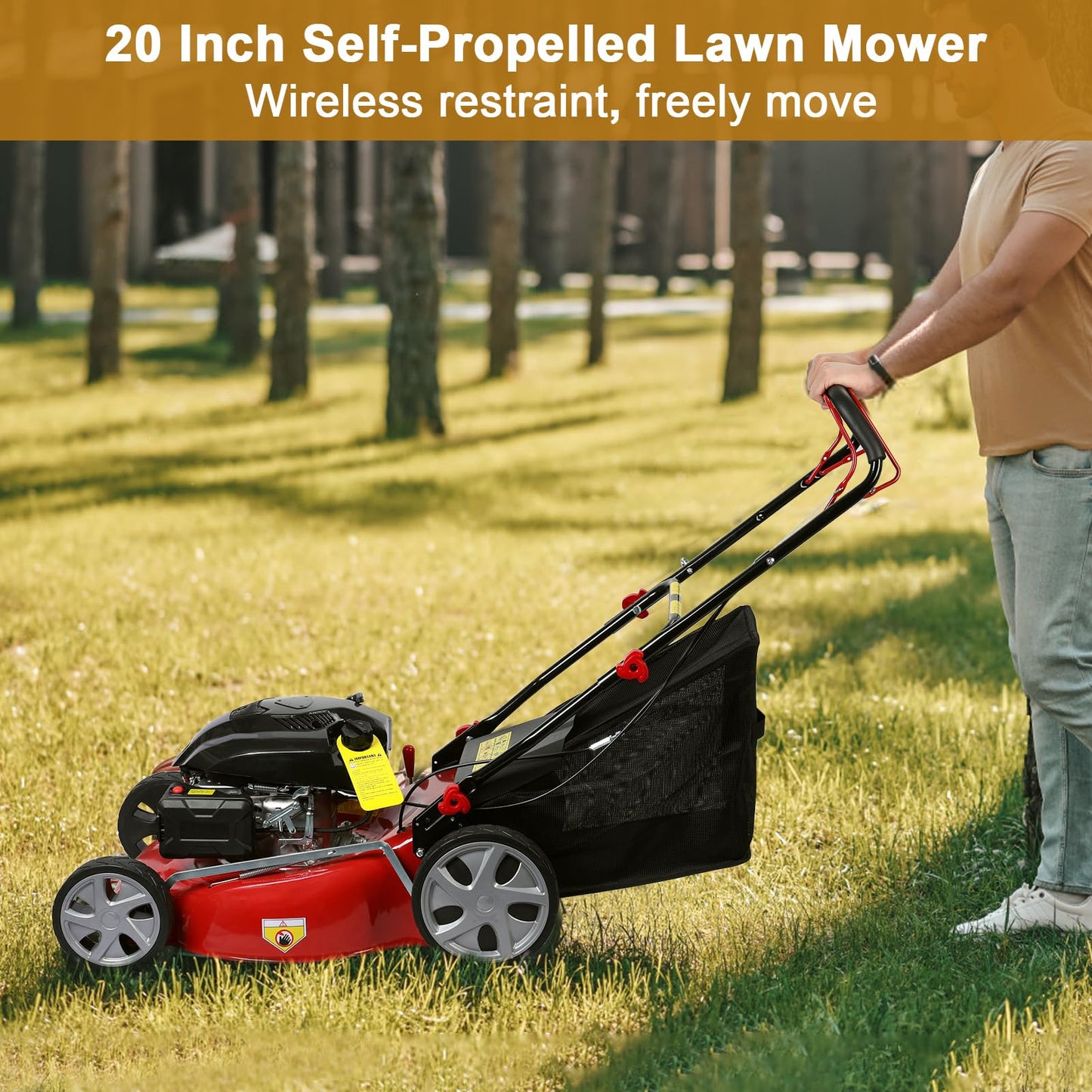 3 in 1 Self-Propelled Gas Lawn Mower with 141cc Engine,20 Inch Cutting Deck&50L Grass Bag-Push Walk-Behind Mower with Big Wheels,8-Level Height Adjustment,and Foldable Design for Effortless Lawn Care