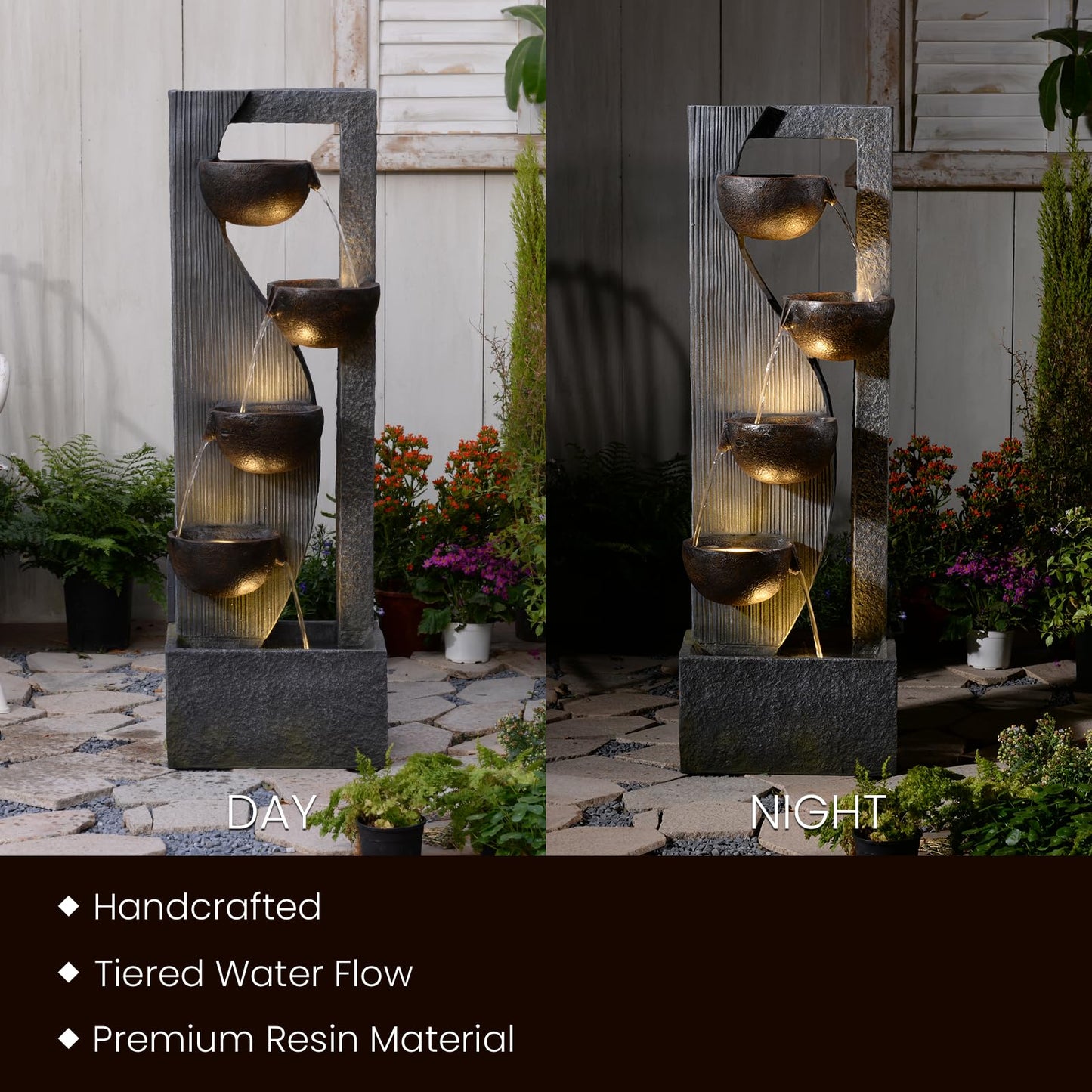 Sunlinua Outdoor Waterfall Fountain 5 Tier Tall Design 49.2 Inch Water Fountain with LED Lights and Pump Decorative Water Feature for Garden Patio Backyard