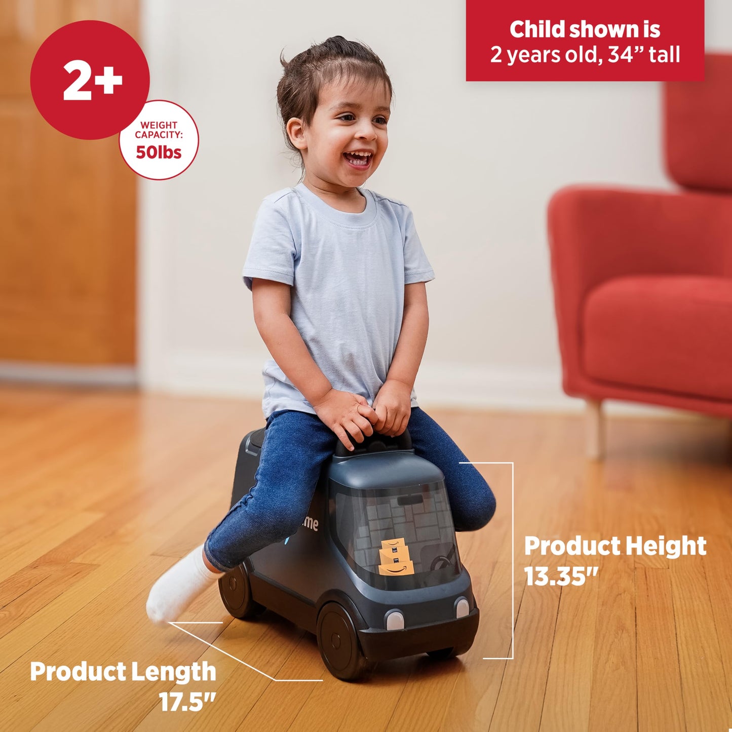 Radio Flyer Amazon Delivery Van, For Ages 2+, Ride and Deliver Truck for Kids, Under Seat Storage, Stationary Handle, Ergonomic Seat, Includes 3 Mini Amazon Boxes & 3 Wooden Toys, Toddler Ride On Toys
