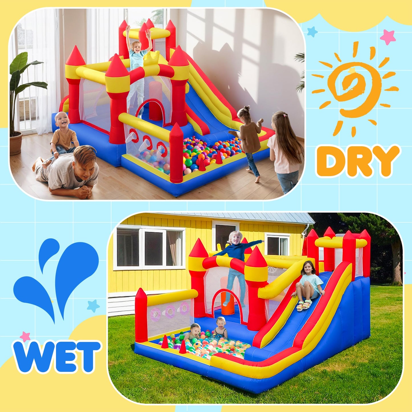 Liaakrr Bounce House, 8-in-1 Bounce House for Kids, Bouncy House with Slide, Climbing Wall, Ball Pit, Obstacles, Trampoline & Basketball Hoop – Includes Blower for Indoor & Outdoor