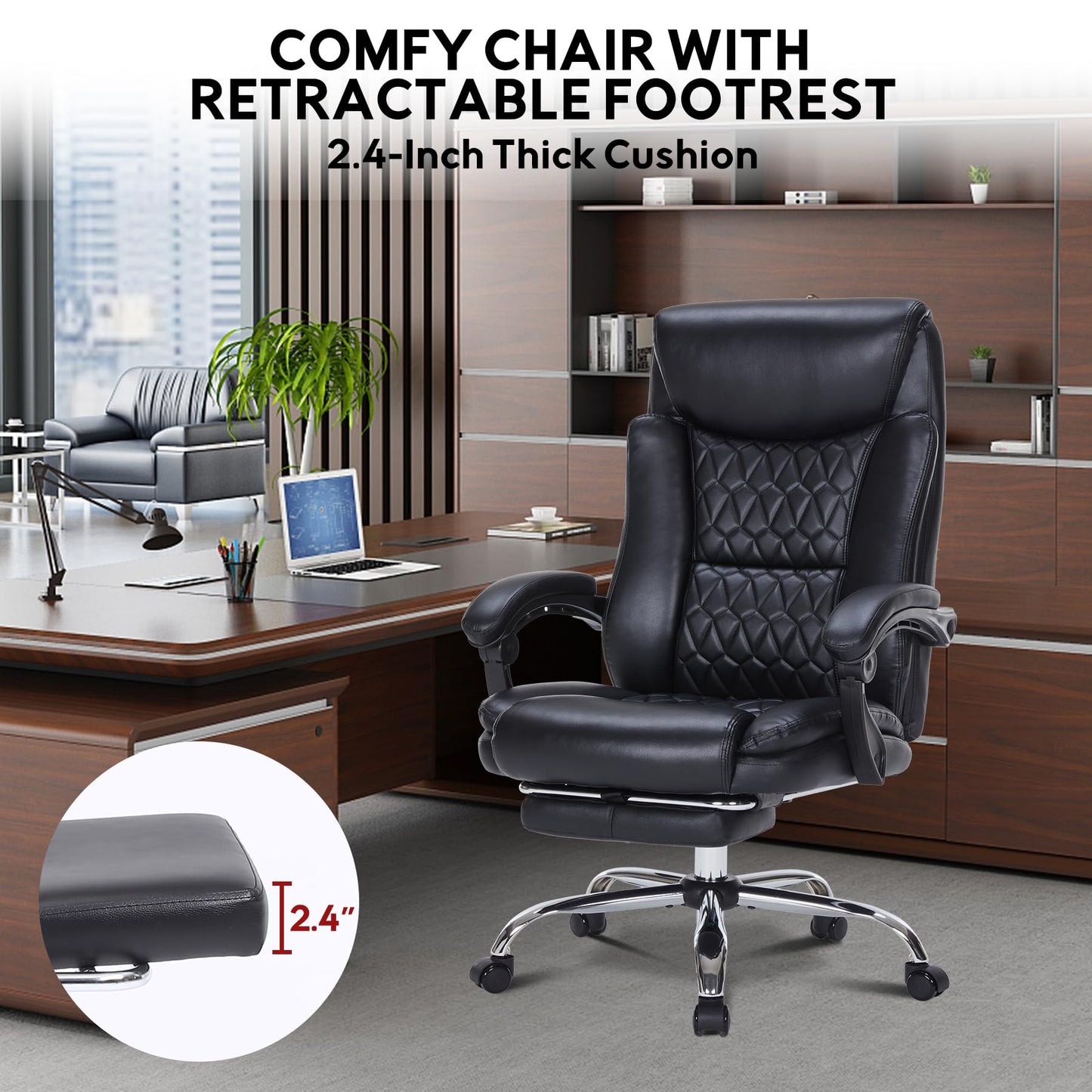 400lbs Reclining Executive Office Chair with Foot Rest, Big and Tall Ergonomic Office Chair, Home Office Desk Chairs for Heavy People (Black)