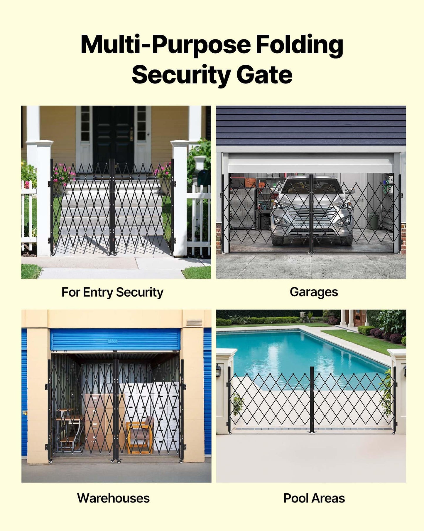 VEVOR Double Folding Security Gate, Lockable Scissor Gate with 360° Swivel Casters, Outdoor Barricade Steel Retractable Gates, for Entry Security, Garage, Warehouse & Pool, 129.92 x 63.19 in (W x H)