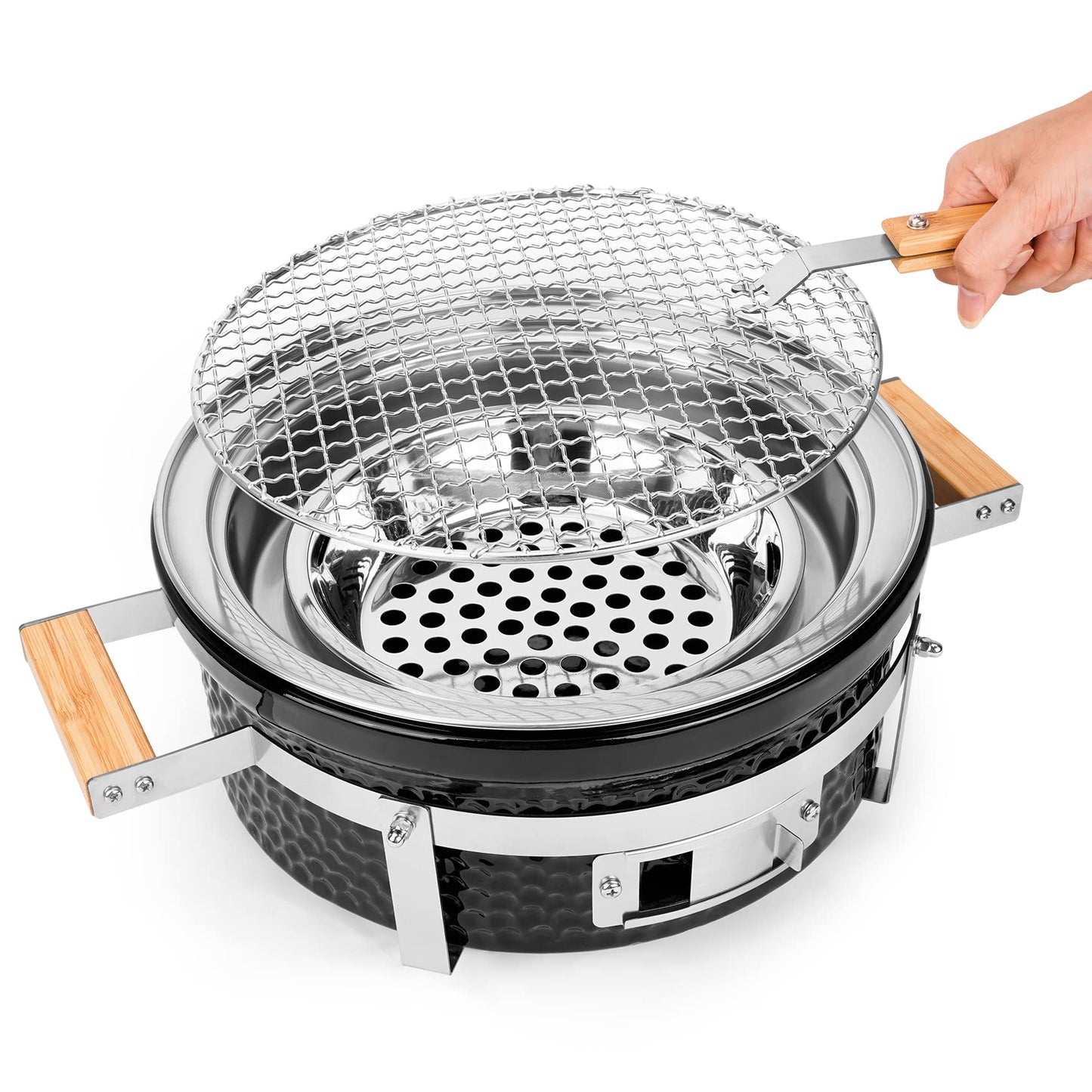 ONLYFIRE GRILLS Ceramic Hibachi Charcoal Grill with Grid Lifter, 14" Portable BBQ Yakitori Grill with Stainless Steel Grate for Outdoor Patio Backyard Barbecue Cooking, GS305