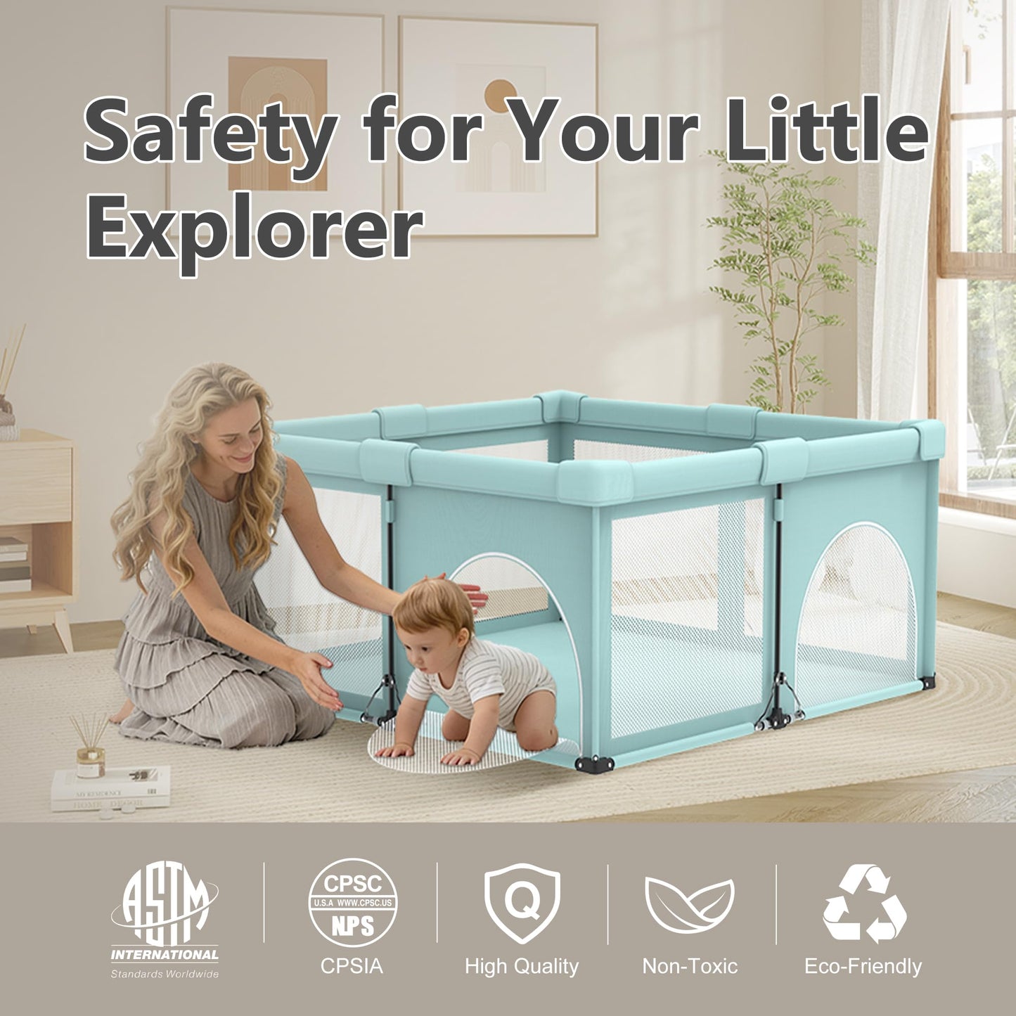 Foldable Baby Playpen 50x50inch, iTiLike Playpen for Babies and Toddlers with 50 PCS Ocean Balls & 2 Handles, Indoor & Outdoor Kids Safety Play Pen Area, Portable Travel Play Yard,Mint Green