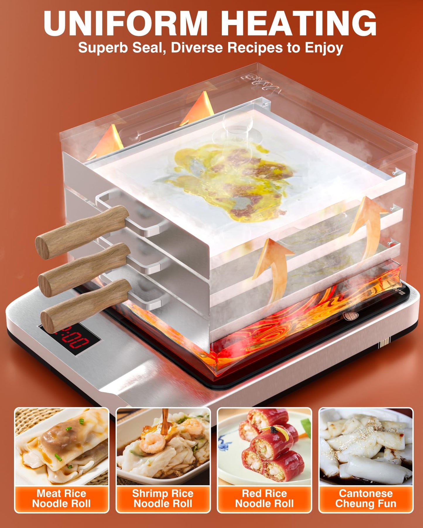 PYY Rice Noodle Roll Steamer Machine - 3 Layers 4 Trays Cantonese Cheung Fun Machine，Anti-scalding Handle Changfen Maker for Commercial and Home, Extra Stainless Steel Steam Tray and Wooden Handle