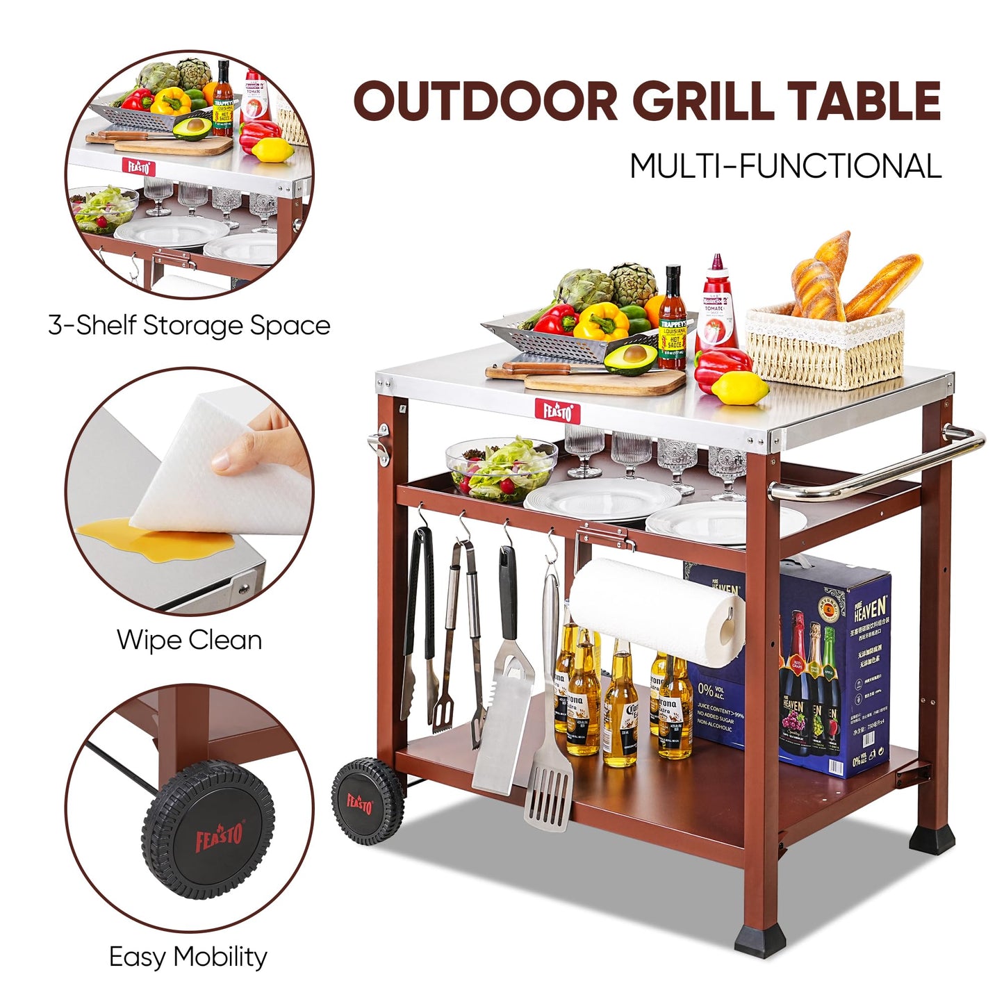Feasto 3-Shelf Outdoor Grill Table, Pizza Oven Table for Outside, Movable Grill Cart with Wheels, Indoor & Outdoor Cooking Station, Pizza Oven Stand for Ooni Blackstone Griddle 33.5”x 21.7”