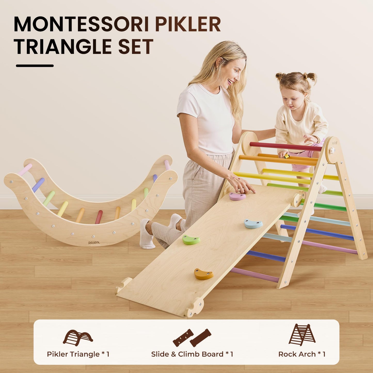 Belleur Pikler Triangle Set, 7-in-1 Foldable Climbing Toys for Toddlers 1-6 Years Old, Wooden Montessori Climbing Set with Arch, Ramp & Ladder, Baby Indoor Climber Jungle Gyms - Rainbow