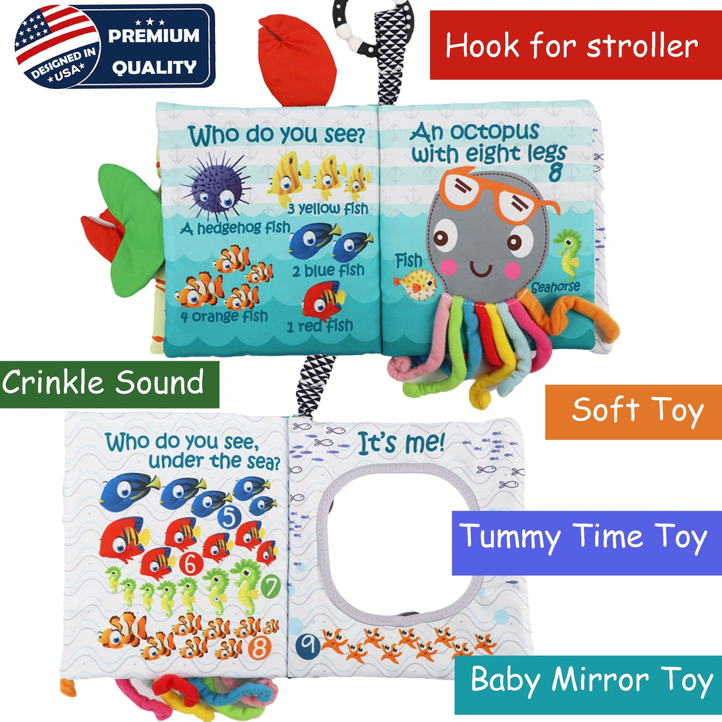 bebe mondo Teddy Bear Toy & Fish Baby Crinkle Books for Newborn Babies Infants 0-6, 6-12 & 12-18 Months, 1-2 Year Old