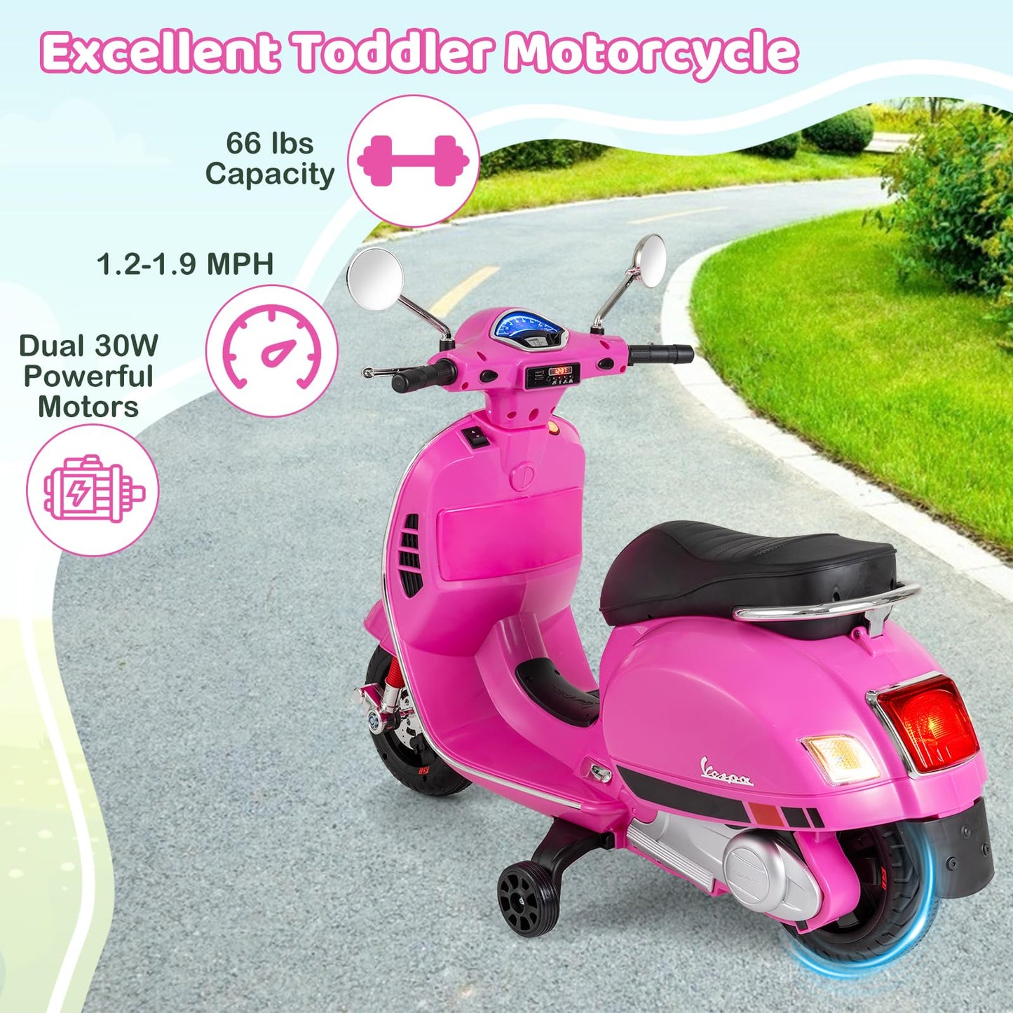 Costzon Toddler Motorcycle, 12V Licensed Vespa Ride on Motorcycle with Training Wheels, LED Headlight & Horn Sound, Ride on Toy, Battery Powered Motorbike, Gift for Boys & Girls (12V,Rose Pink)