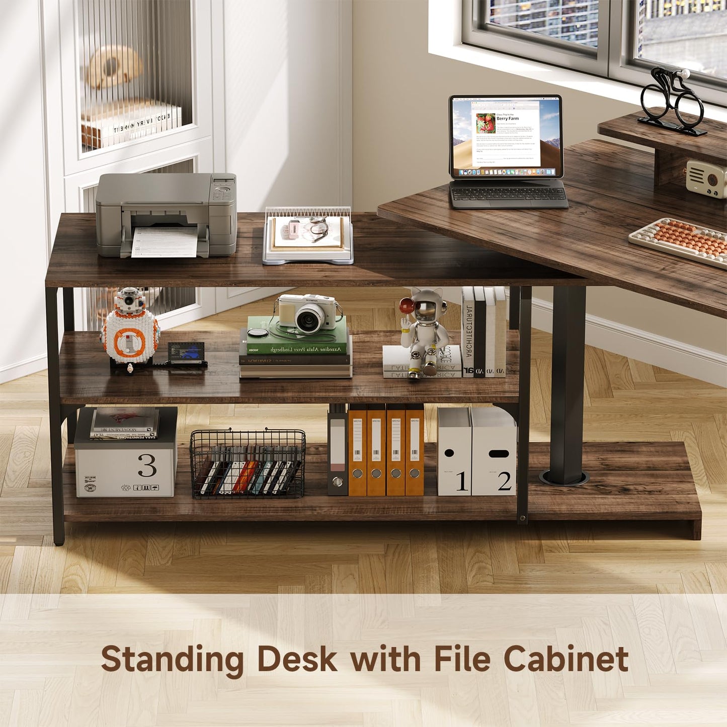 Lefurture Standing Desk with File Cabinet, 55x24'' L Shaped Electric Stand Up Desk with Adjustable Monitor Shelf, Adjustable Height 28-46'' for Home and Computer Workstation, Walnut