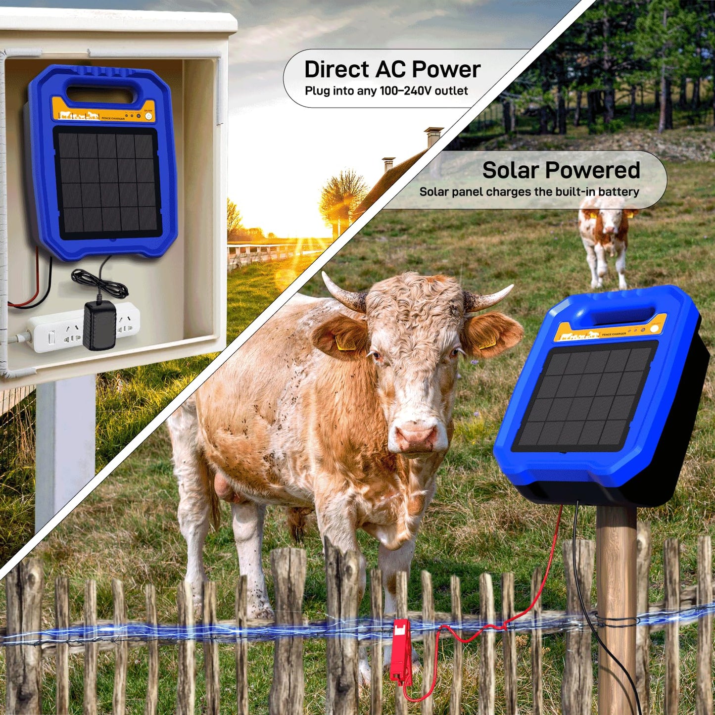 Solar Electric Fence Controller, 0.5J Solar-Powered Electric Fence Charger with Auto Day/Night Mode Ideal for Farms, Backyards, Ranches, and Gardens