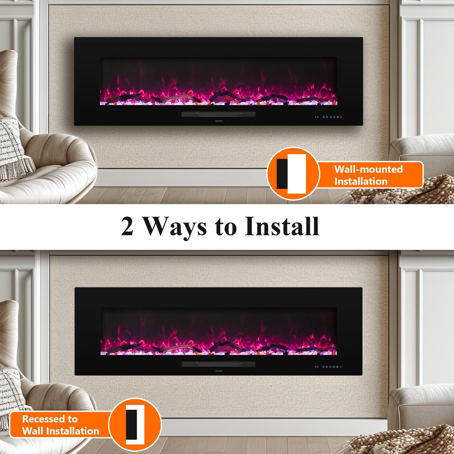 Dreamflame 60" Electric Fireplace, Recessed & Wall Mounted Fireplace Heater 13 * 13 Colors Flame &Fuel Bed w/5 Dimmer, Touchscreen &Remote Control Temp, Overheating Protect, Hardwired, 1500W, Black