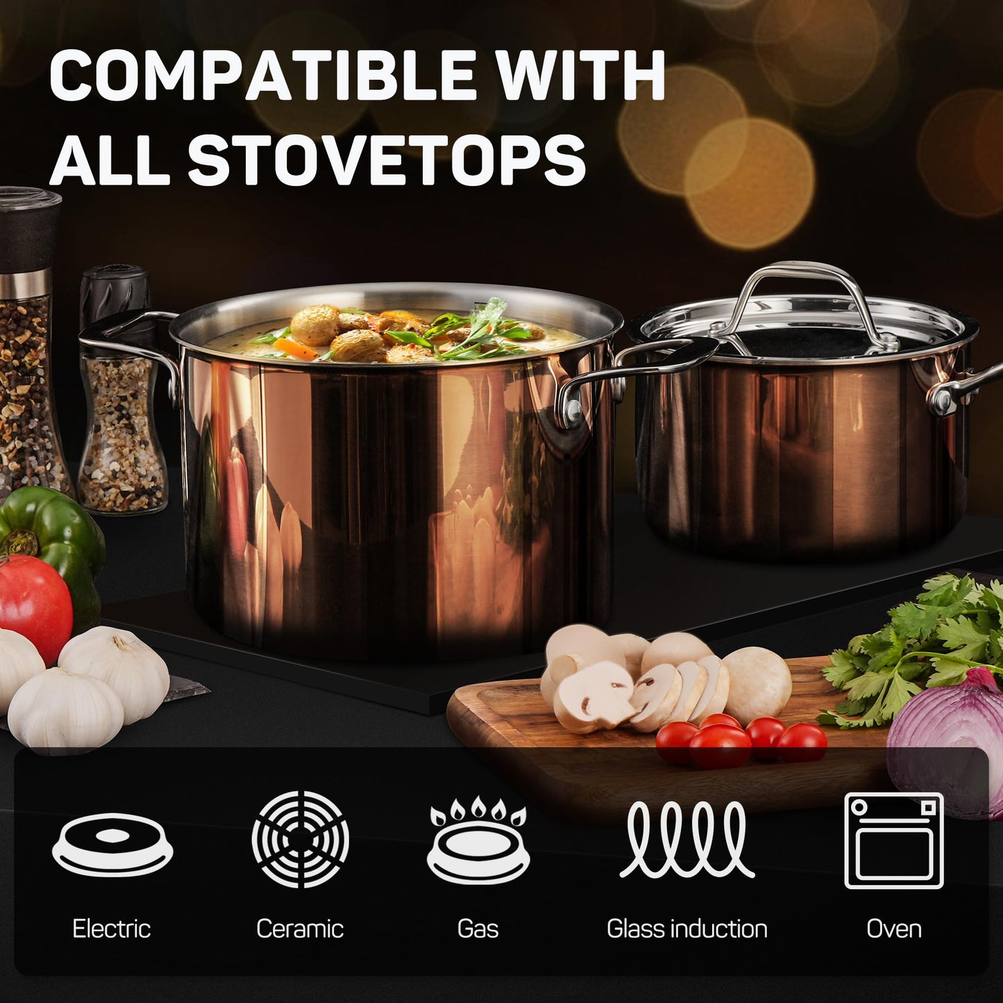 Ciwete Whole Tri-ply 18/10 Stainless Steel Cookware Set, 10 Pcs Elegant Copper Pots and Pans Set, Induction Cookware, Frying Pans, Saucepans & Stock Pot with Lid, Ideal Gift for Wedding, Housewarming