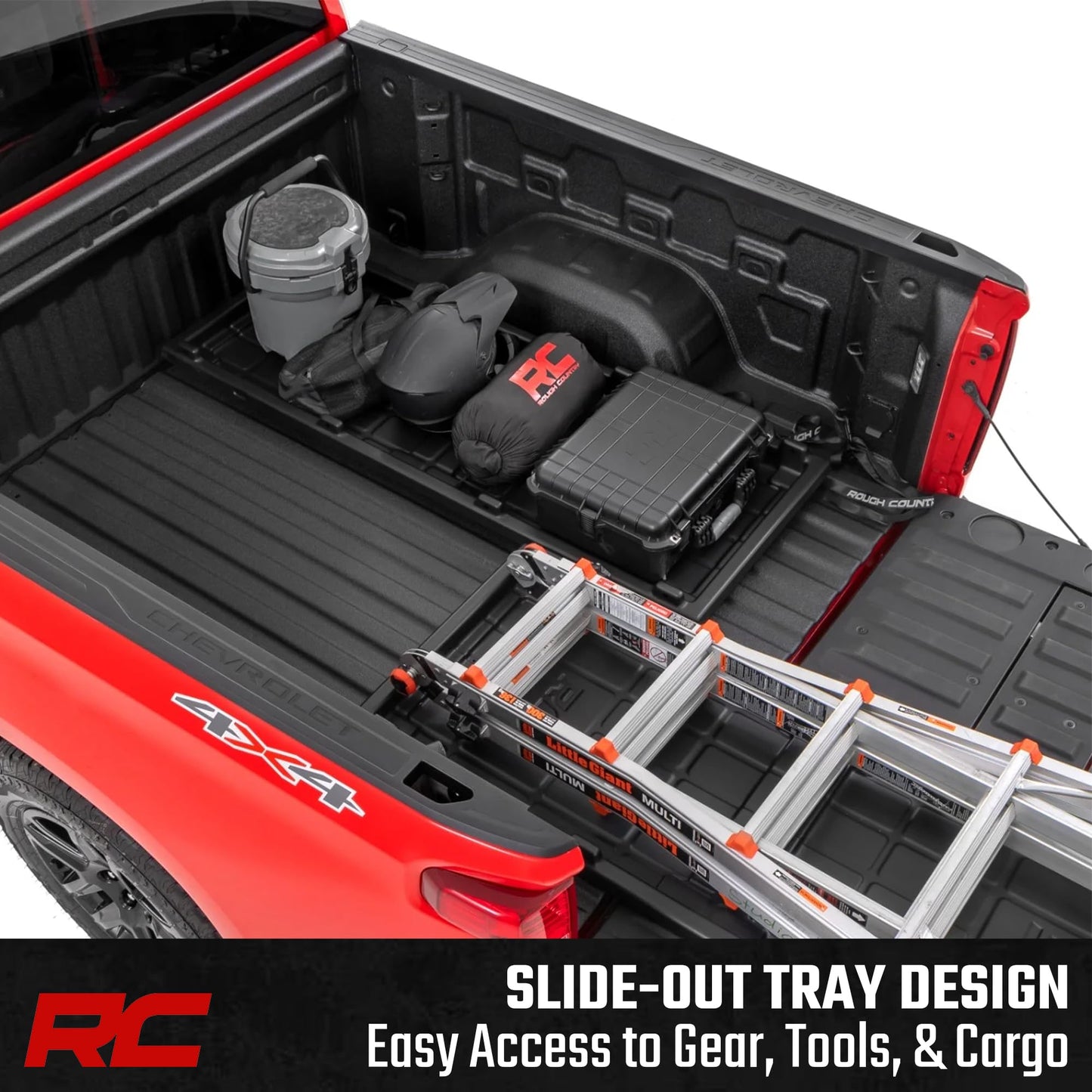 Rough Country Slide-Out Truck Bed Cargo Tray - Long Bed Organizer for 5'7"+ Beds, Heavy-Duty Polyethylene, UV-Protected, Easy Tailgate Access
