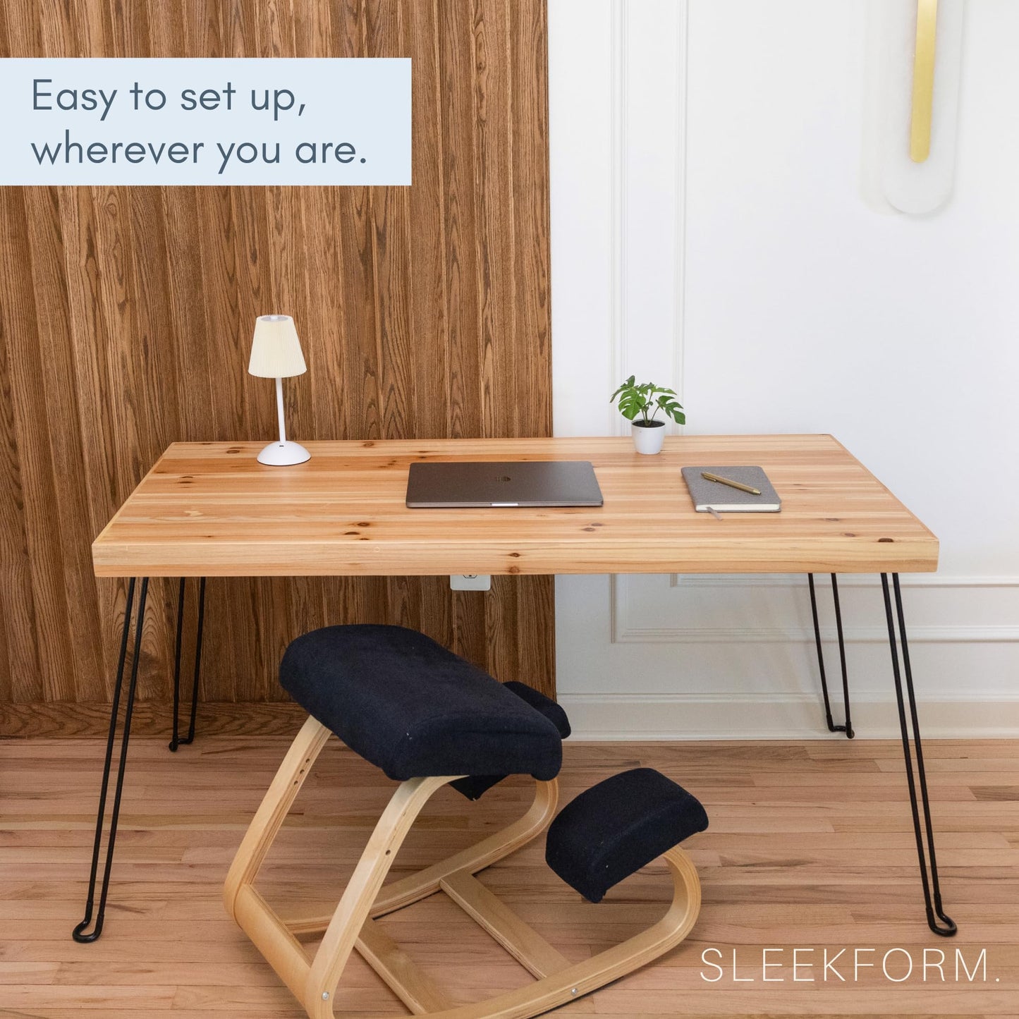 Sleekform Wooden Folding Desk, Small Folding Table Portable with Collapsible Hairpin Legs, Austin Kneeling Chair, Home Office Ergonomic Computer Desk Stool