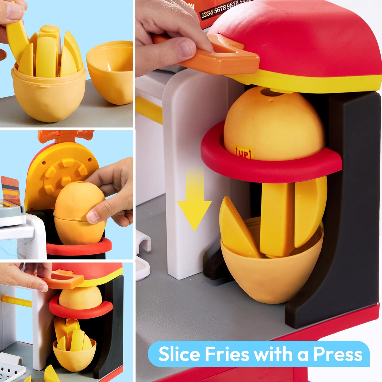 lalalark Restaurant Play Food Set Toy, 40+ PCS Fast Food Playset with Potato Cutter, Simulated Frying Effect & Lights, Order, Card & Drink Station, Interactive Role Play Toy Birthday Gift