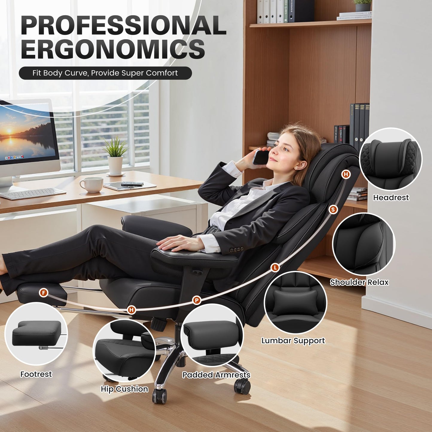 BestGlory Office Desk Chair, Big and Tall Leather Gaming Chair with Footrest, Wide Ergonomic Comfy Executive High-Back Reclining Computer Chairs, Swivel Rolling Wheels and Padded Lumbar Support, Black