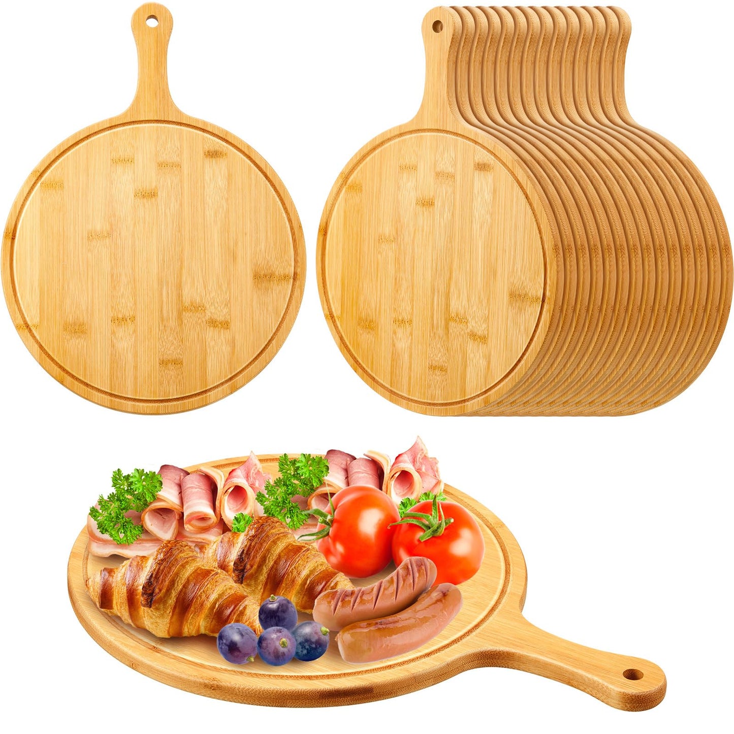 Nuenen 20 Pcs Round Wood Cutting Board with Handle Acacia Bamboo Wooden Serving Kitchen Chopping Boards for Pizza, Bread, Cheese, Charcuterie, Fruit, Vegetables (Bamboo)