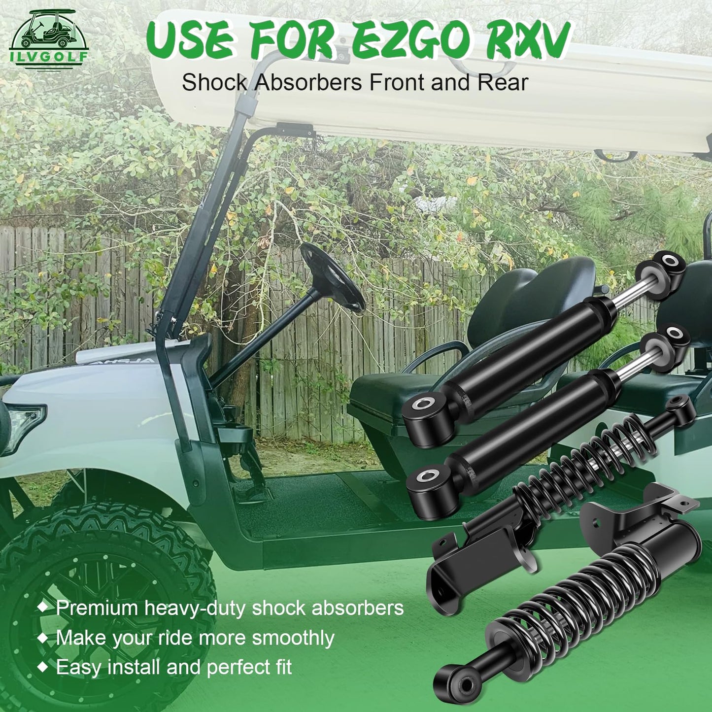 ILVGOLF Golf Cart Front Rear Shock Absorber for EZGO RXV 2008 Up Models, OEM 611724, 601246, 603024 for EZGO Shock Strut Assembly, Passenger Side and Driver Side and Rear