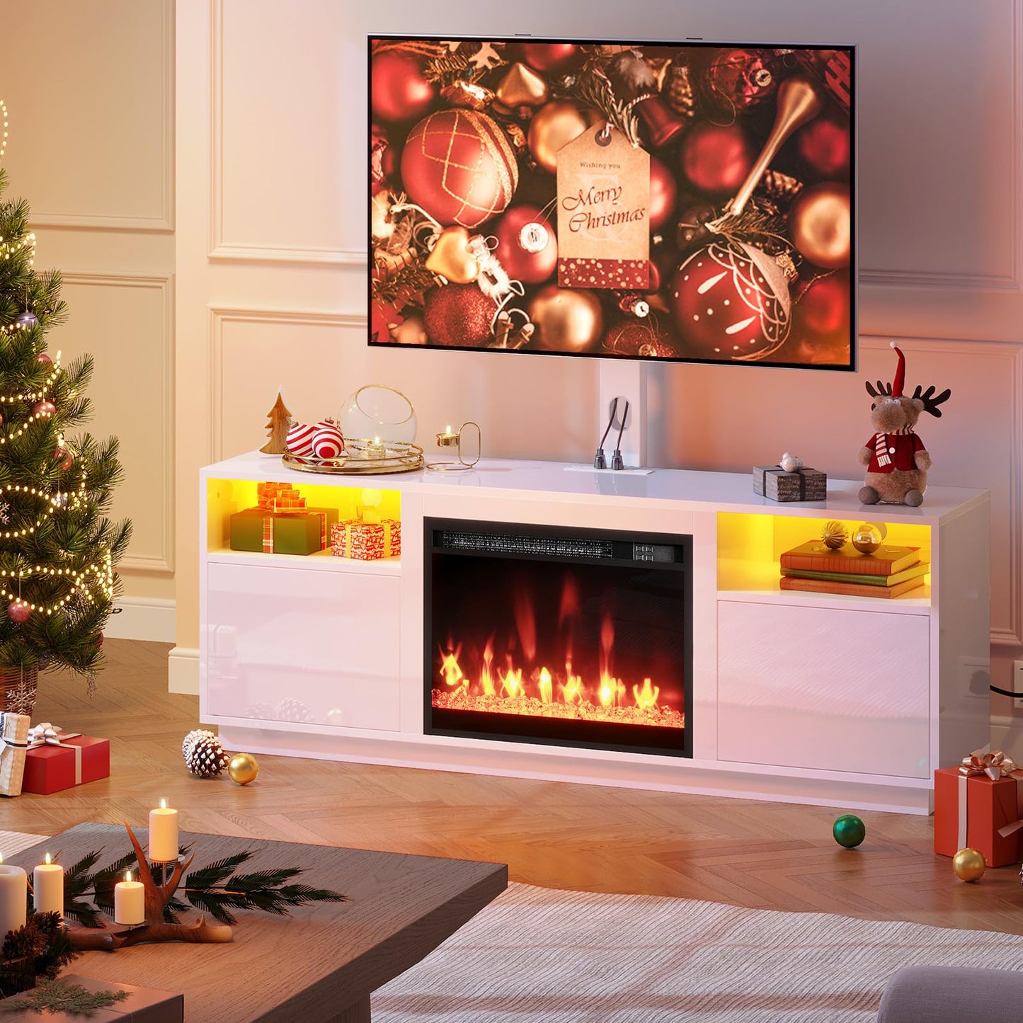 Rolanstar Fireplace TV Stand with Led Lights and Power Outlets, Entertainment Center with Electric Fireplace, Swivel TV Stand Mount for 45/55/60/65 inch TVs, Height Adjustable TV Console, White