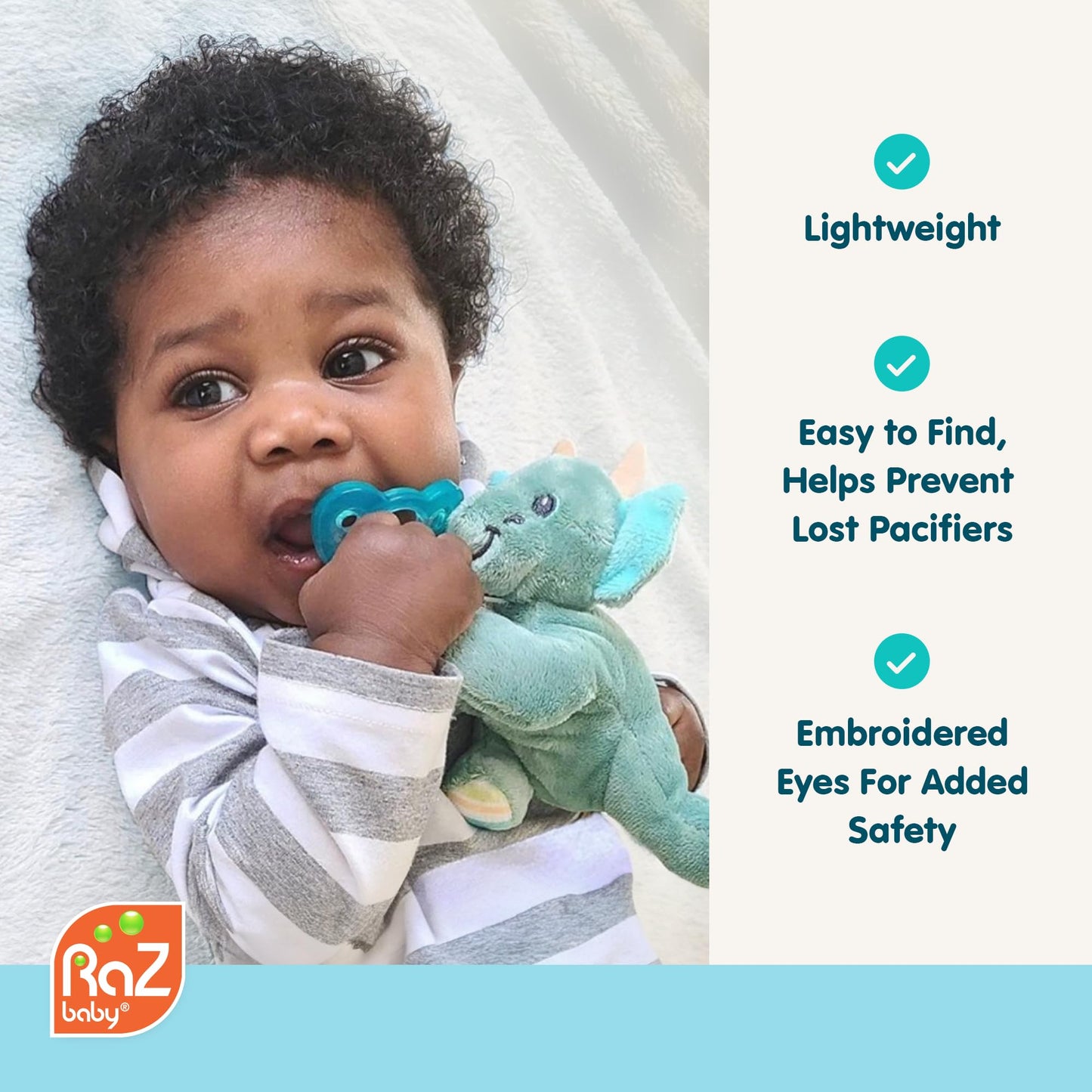 RaZbaby JollyPop Pacifier, Holder w/Detachable Baby Pacifier, Stuffed Animal RaZbuddy, All Ages 0M+, 100% Medical Grade USA Made Silicone, Machine Washable, Textured & Easy to Hold – Panda