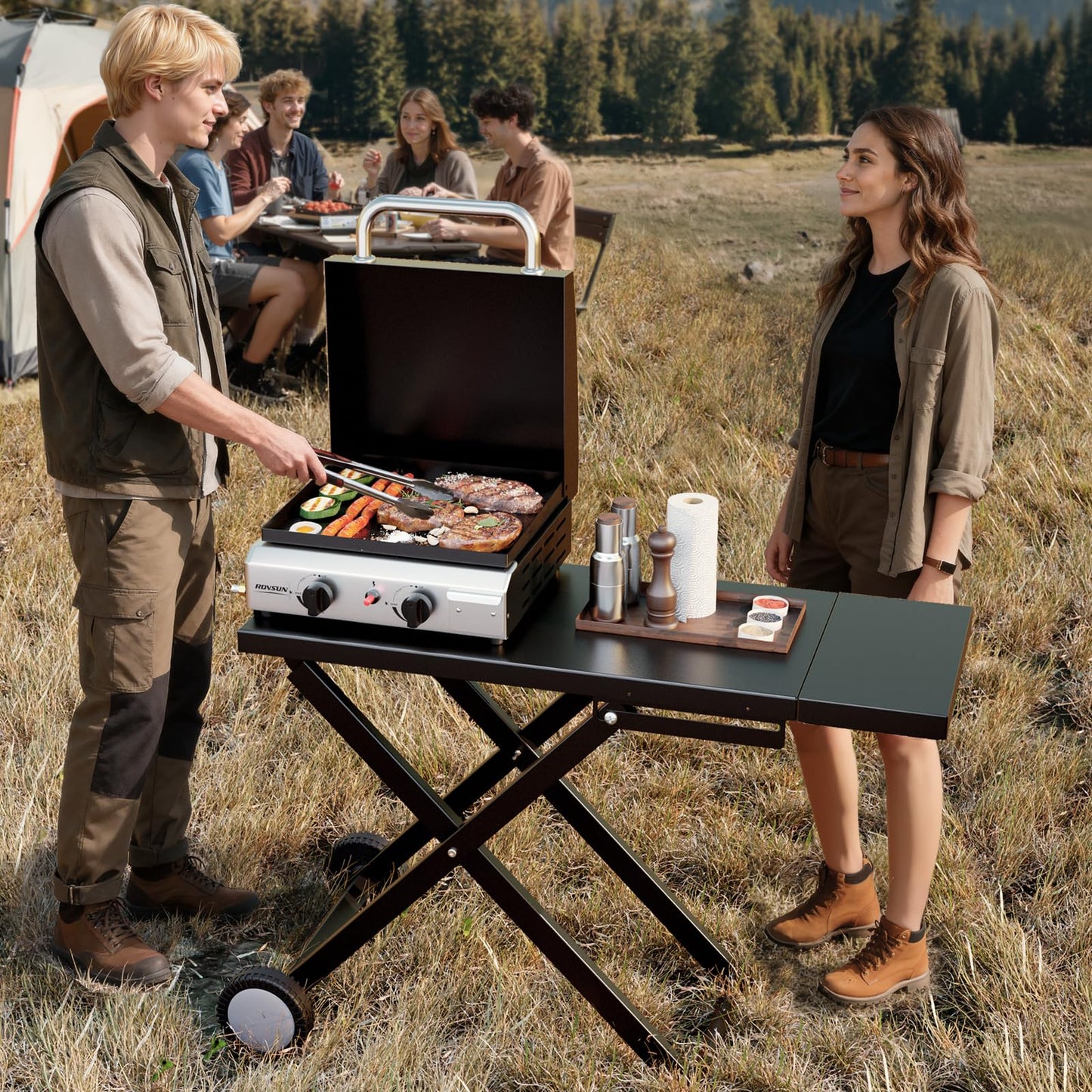 ROVSUN 2 Burner Foldable Propane Griddle with Wheels, Enameled Tray & Lid, 20000 BTU Portable Rolling Flat Top Gas Grill with Electronic Ignition & Regulator for Outdoor Cooking Camping BBQ Tailgating